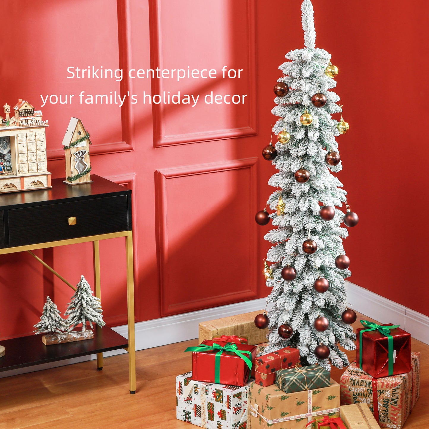 HOMCOM 5ft Snow-Flocked Artificial Christmas Tree, Slim Pencil Xmas Tree with 301 Realistic Branches, Metal Base, Pink