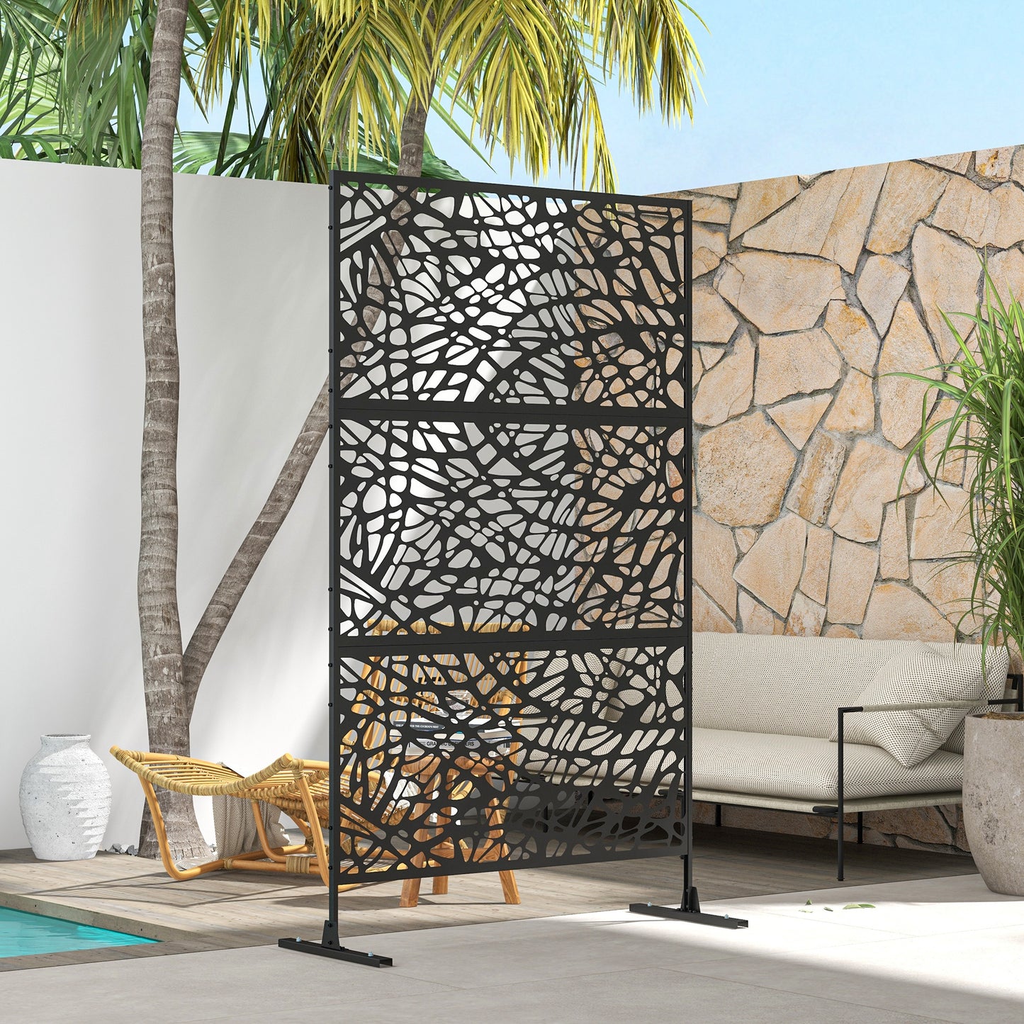 Outsunny 6.5FT Decorative Outdoor Divider, Metal Privacy Screen with Stand, Twisted Line Style, Black