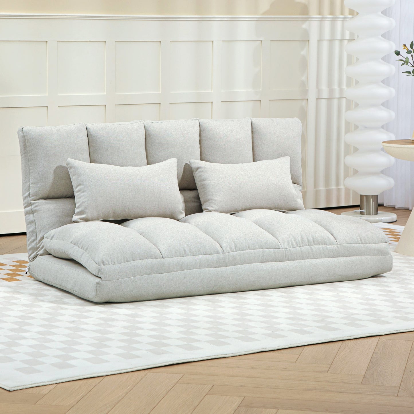 HOMCOM 51" Folding Floor Sofa, Foldable 2-Seater Lazy Sofa Sleeper Bed, Adjustable Linen Floor Couch with 9-position Backrest, 2 Pillows and Wide Seat for Living Room, Grey