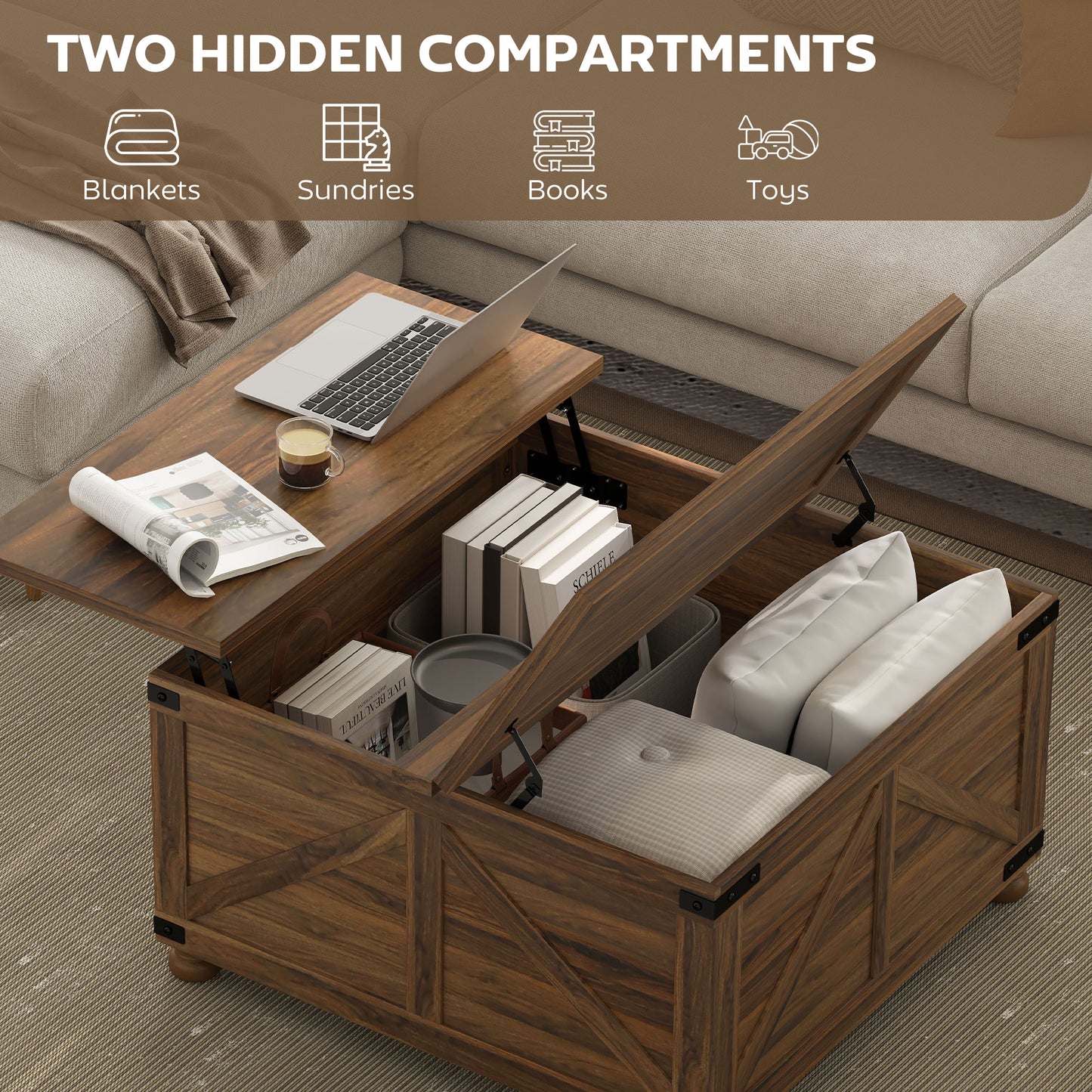 HOMCOM Coffee Table with Lift Top, 32" Farmhouse Center Table with Hidden Compartment for Living Room, Antique White