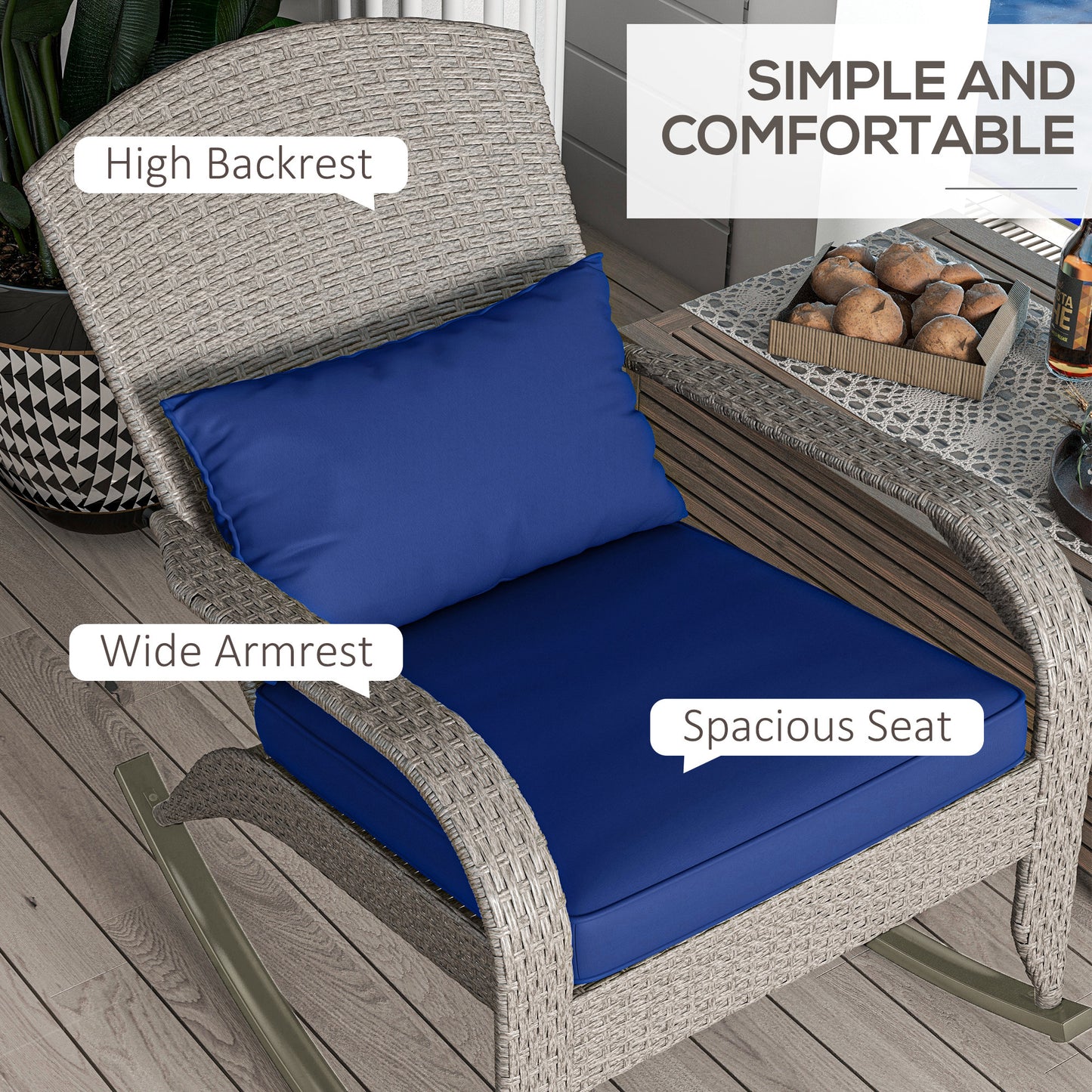 Outsunny Adirondack Chair, Outdoor Wicker Rocking Chair with High Back, Seat Cushion and Pillow for Porch, Balcony, Cream White
