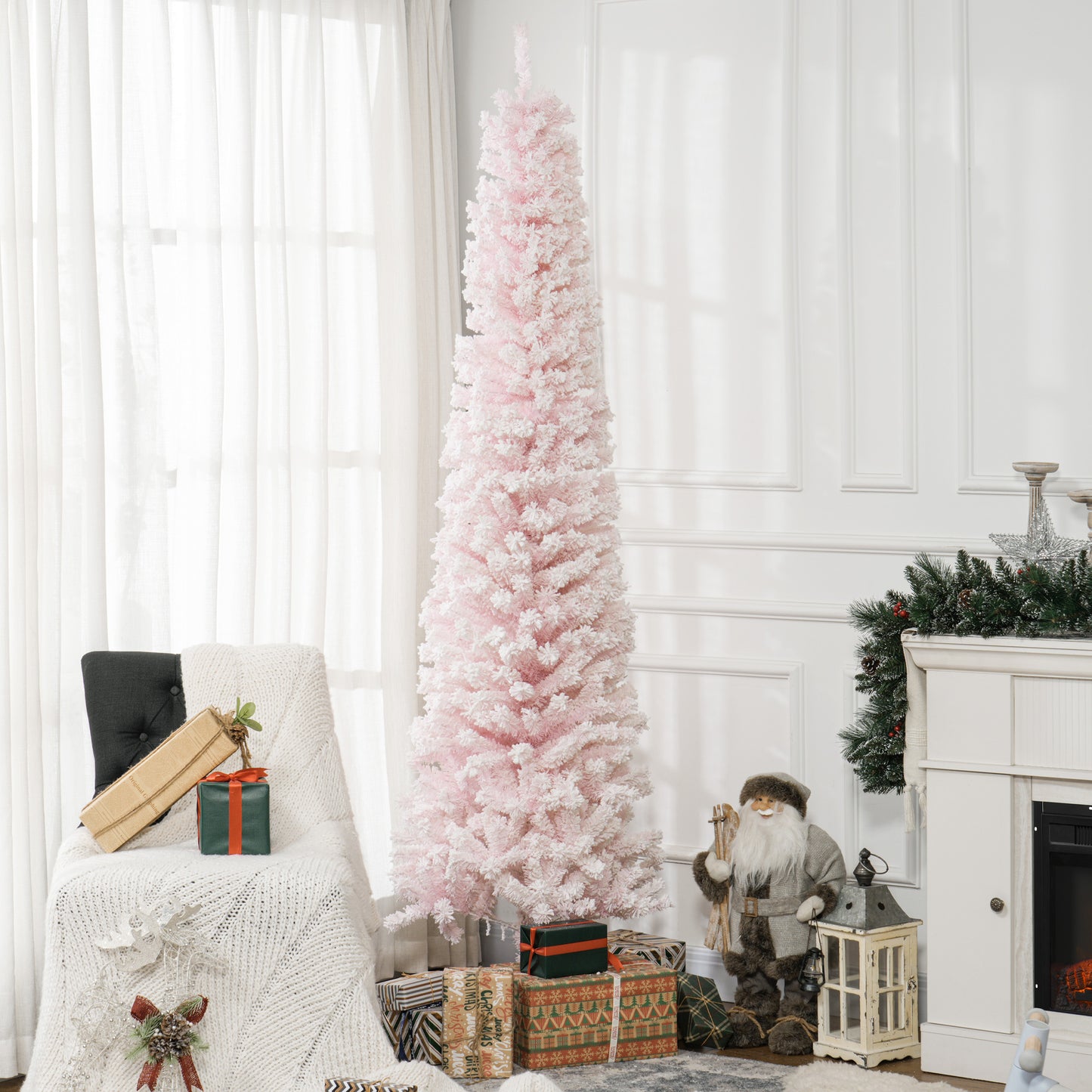 HOMCOM 7.5ft Flocked Christmas Tree, Pencil Christmas Tree with Realistic Branch Tips, Folding Metal Stand, Green