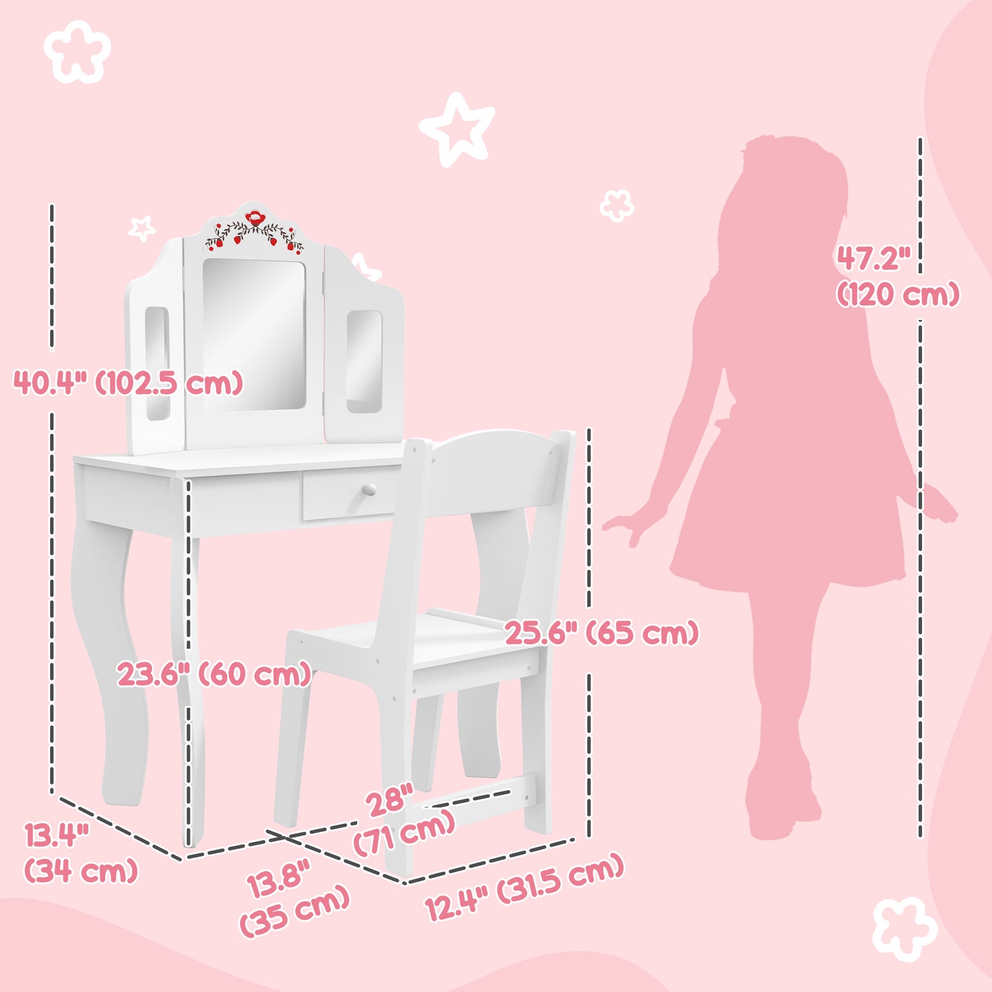 Qaba Kids Vanity Set, Dual-Use Dressing Table with Removable Tri-Folding Mirror and Drawer, for Ages 3-8, Pink