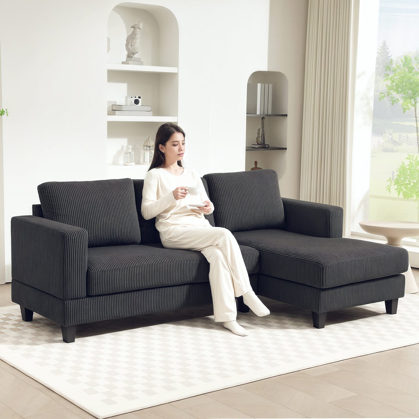 HOMCOM L Shaped Couch, L Shape Sofa with Chaise Lounge and Spring Cushion for Living Room, Bedroom, Grey