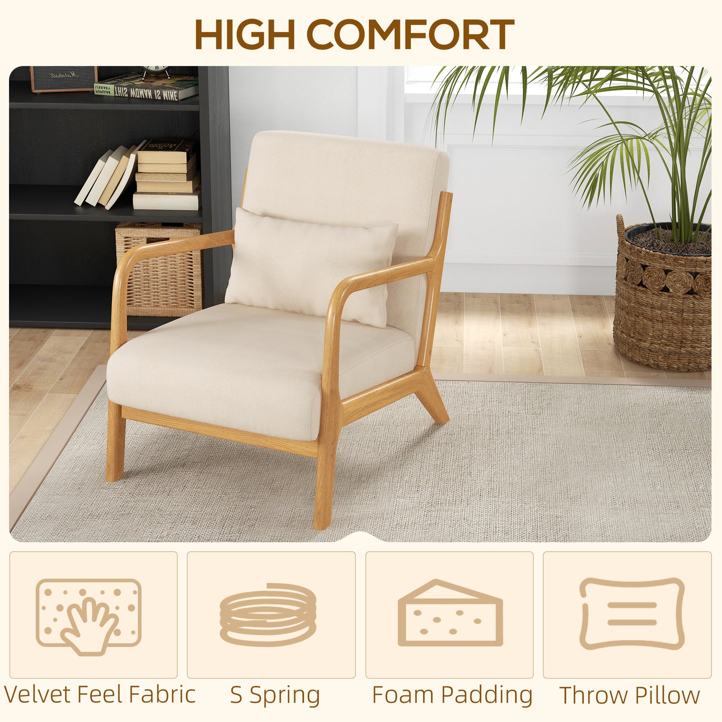 HOMCOM Armchair Upholstered Lounge Chair with Rubber Wood Frame Throw Pillows and Comfortable Cushion, White