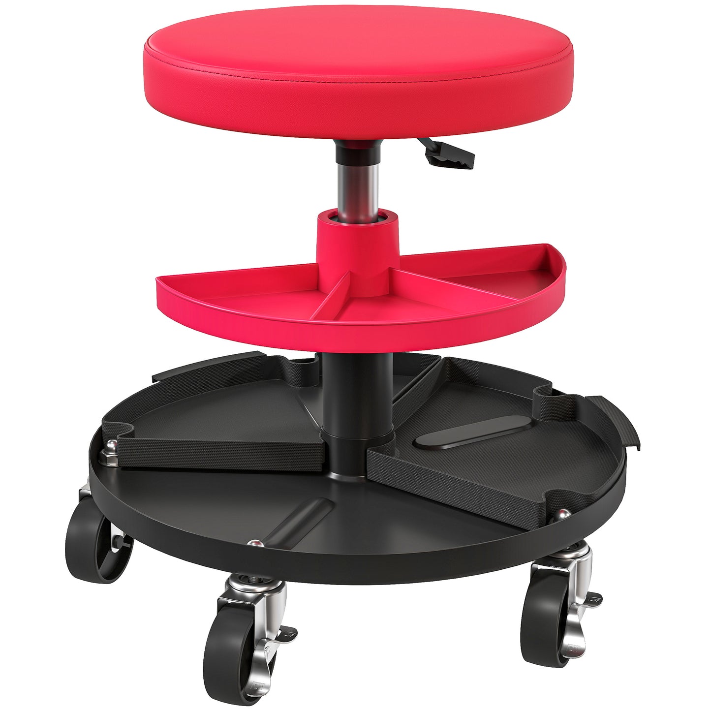 HOMCOM Rolling Garage Stool, 300 LBS Capacity Padded Mechanic Stool with 2.5" Wheels, Adjustable Height 15" -19.7", Red