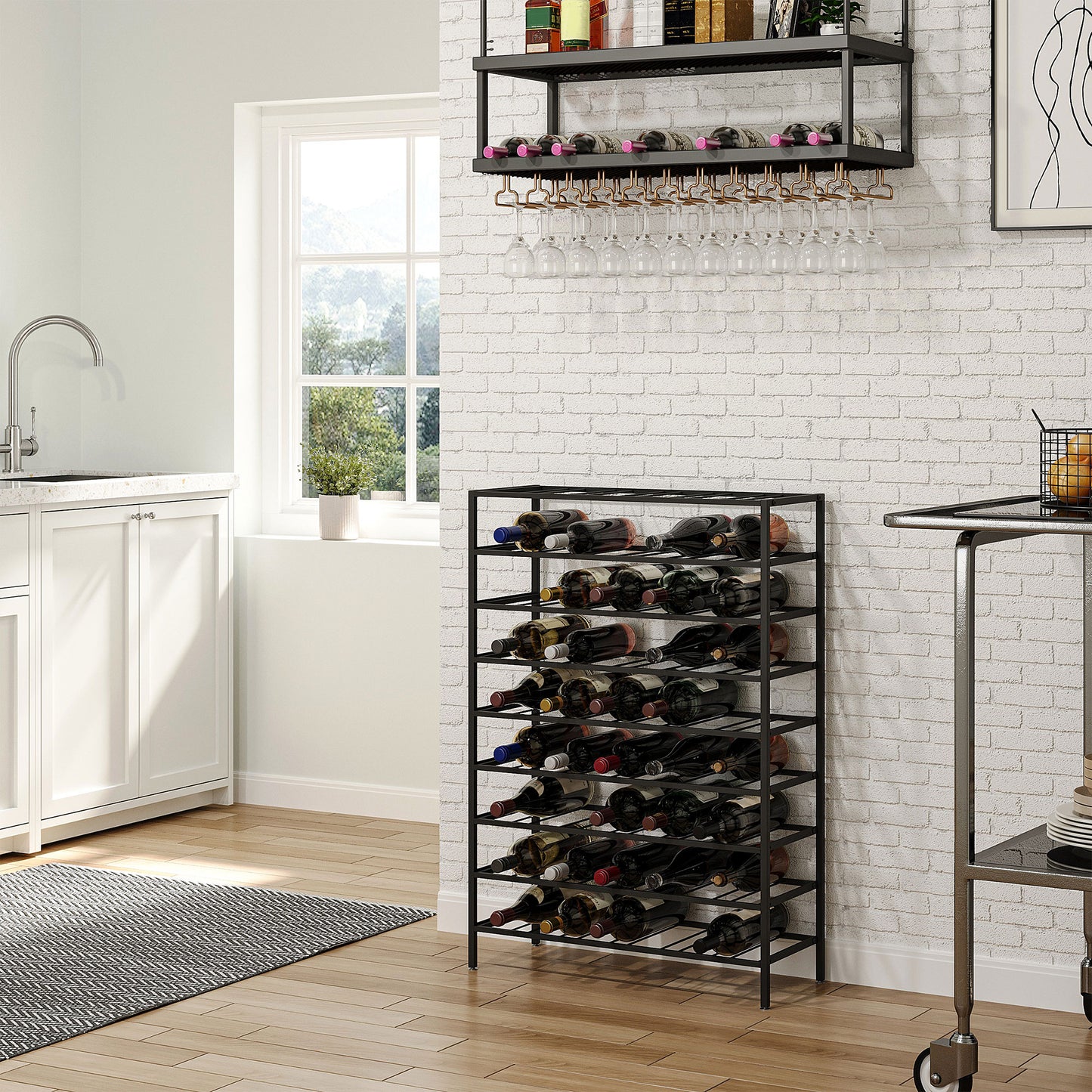 HOMCOM 9-Tier Metal Wine Bottle Rack 54 Bottles Freestanding Wine Storage Holder Home Bar Wine Display Stand Cellar Bottle Organizer Black