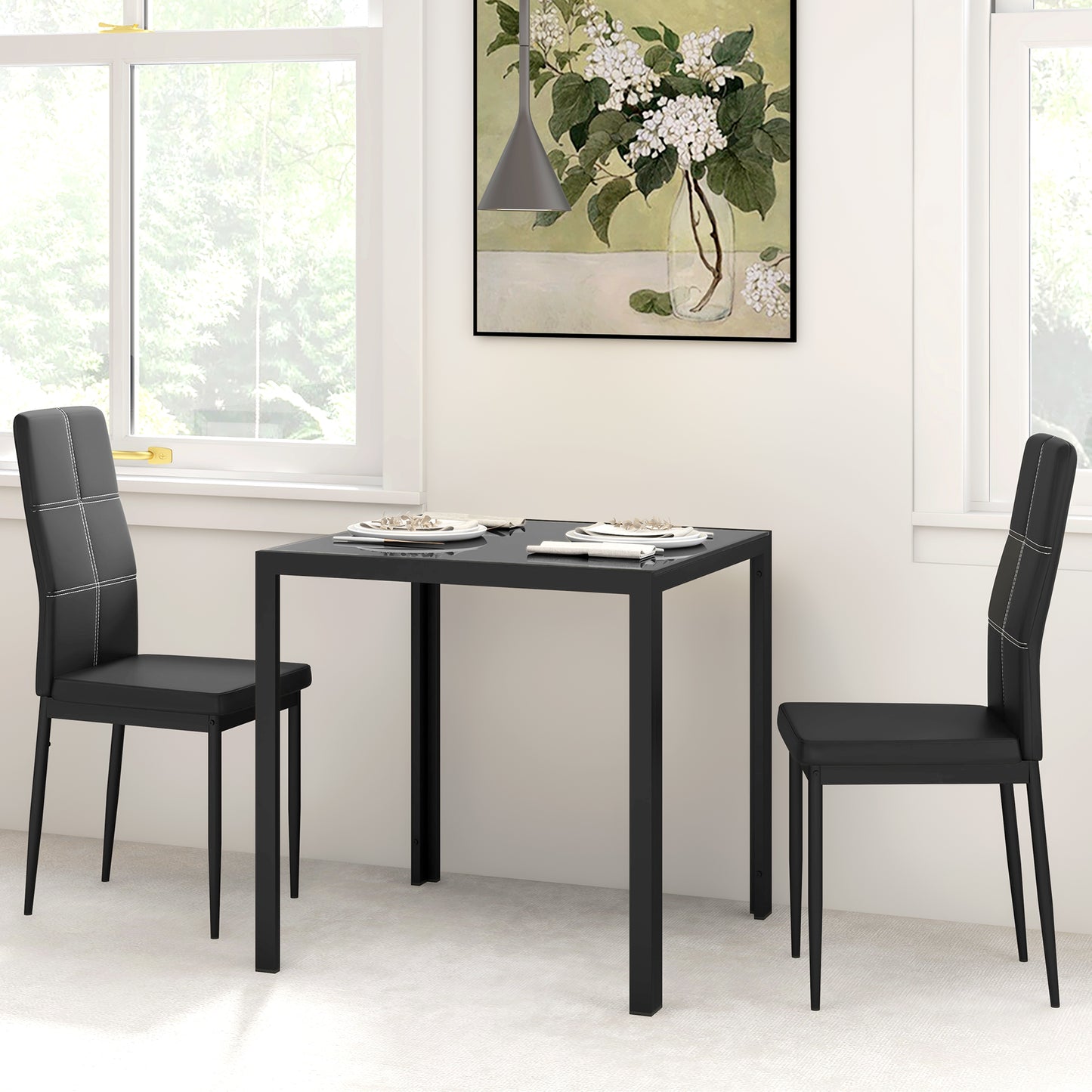 HOMCOM 5-Piece Rectangular Glass Kitchen Table and Chairs with Metal Frame and Faux Leather Upholstery for Dining Room, White