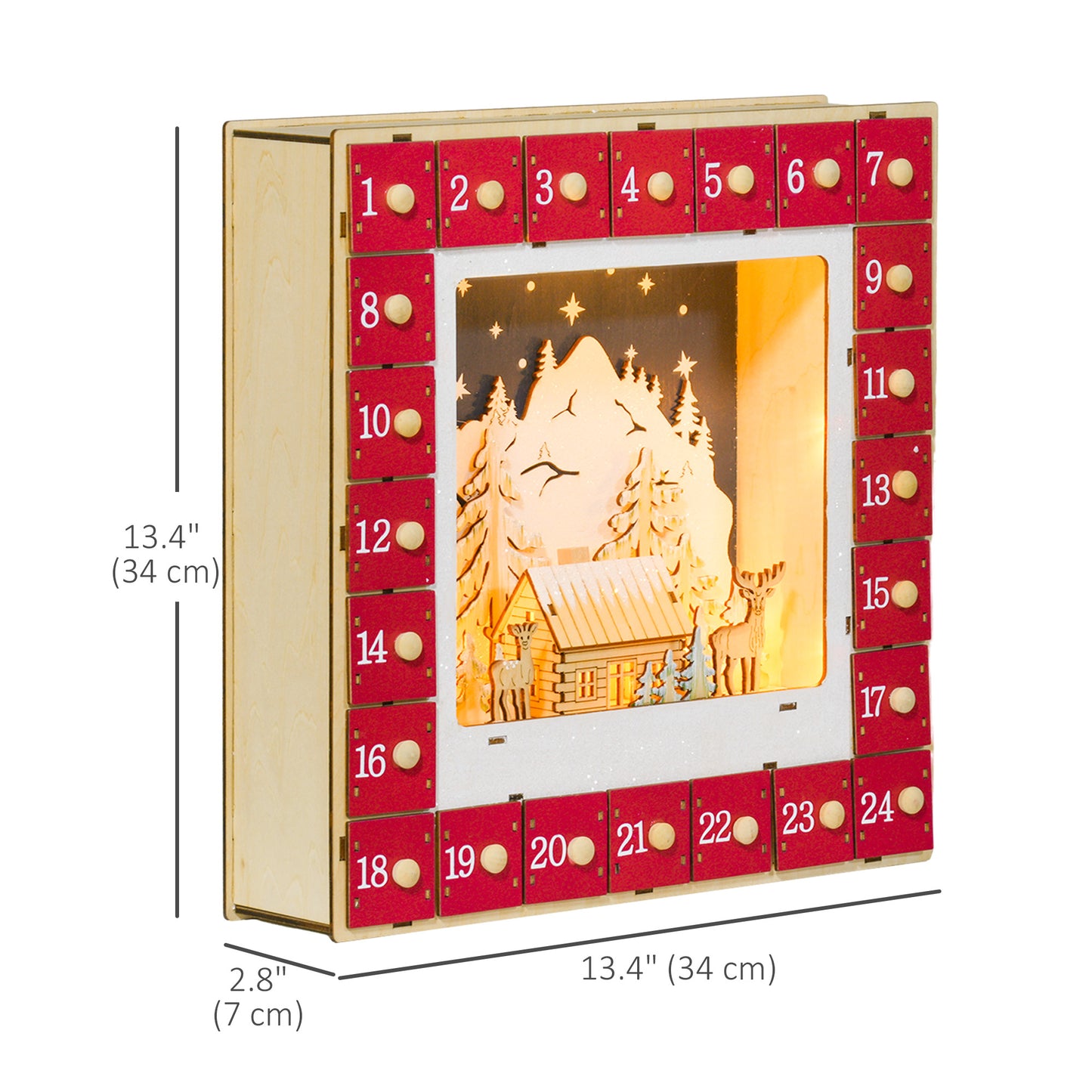 HOMCOM Wooden Christmas Advent Calendar, Lighted 24 Days Xmas Calendar House, Christmas Table Decoration with Countdown Drawers, Bible Characters, Battery Operated, Natural