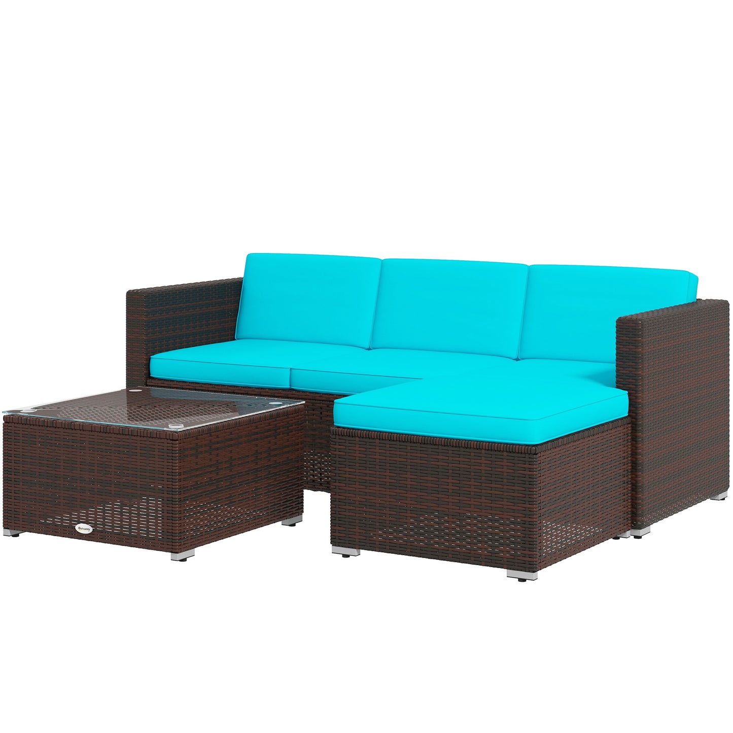Outsunny 3 Pieces Patio Furniture Set with Cushions, Outdoor PE Rattan Wicker Conversation Corner Sofa Set with Glass Top Table and Adjustable Foot for Garden, Lawn, Cream White