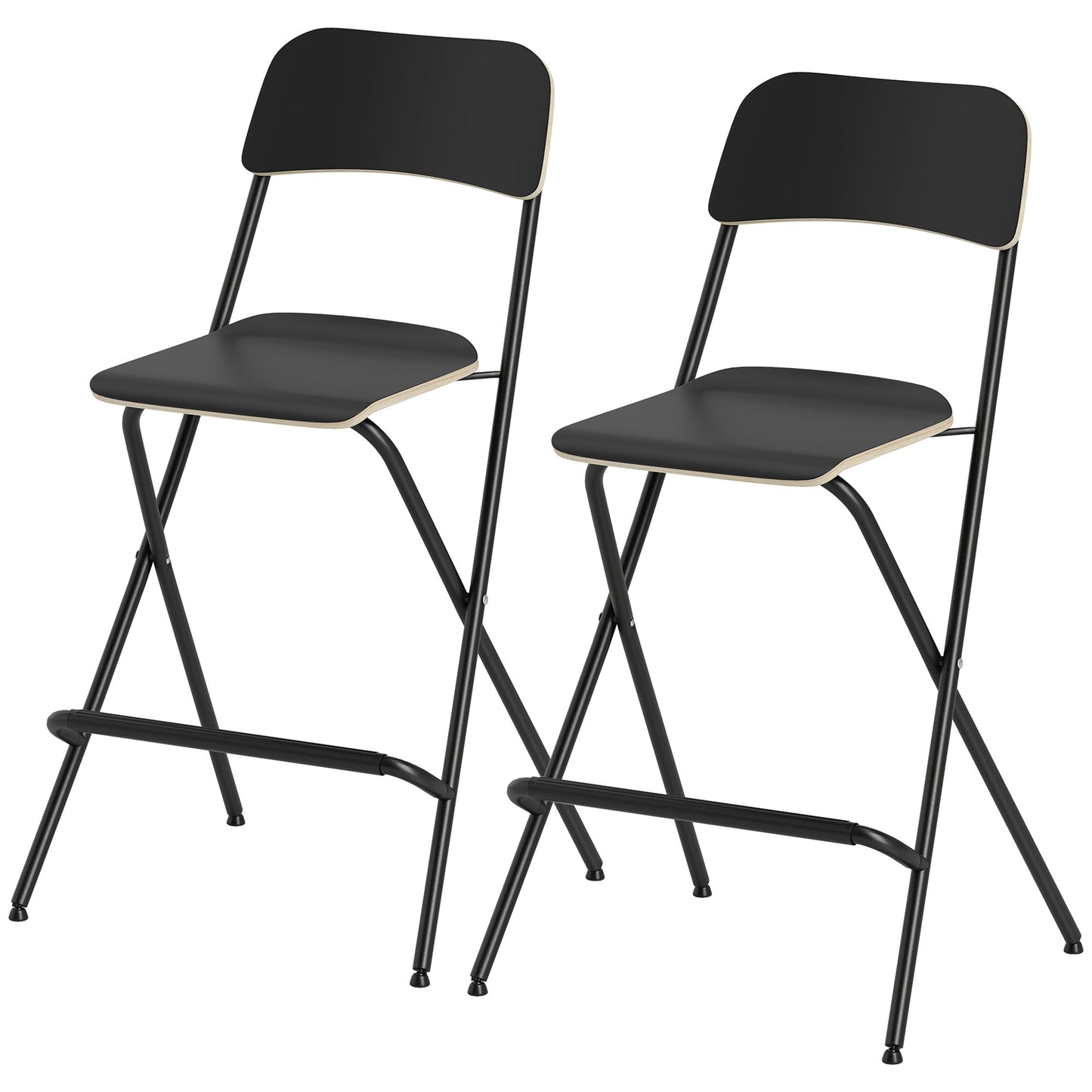 HOMCOM Folding Bar Stools Set of 2, Counter Height Foldable Stool with Wooden Effect Seat and Steel Frame for Kitchen, White