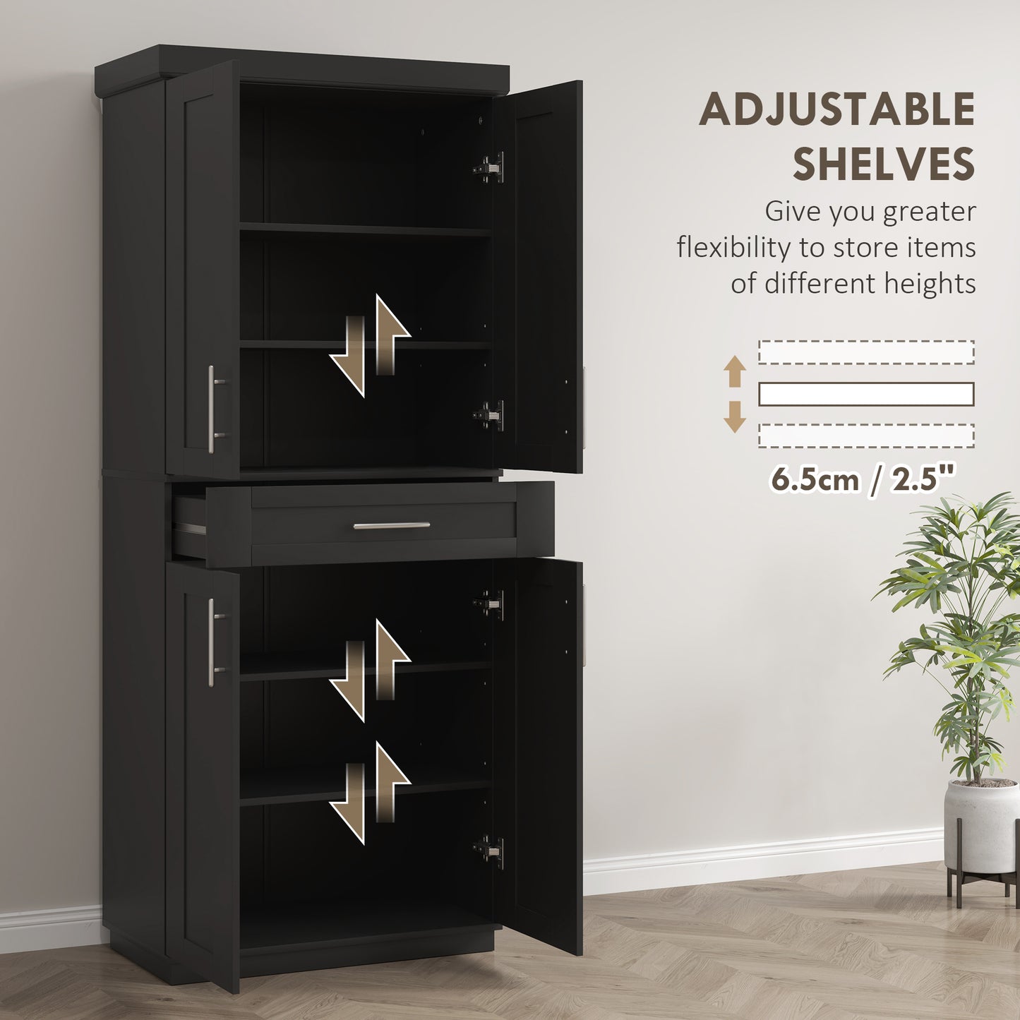 HOMCOM 72" Storage Cabinet, Freestanding Kitchen Pantry Cabinet with 4 Doors, Drawer and 3 Adjustable Shelves, White