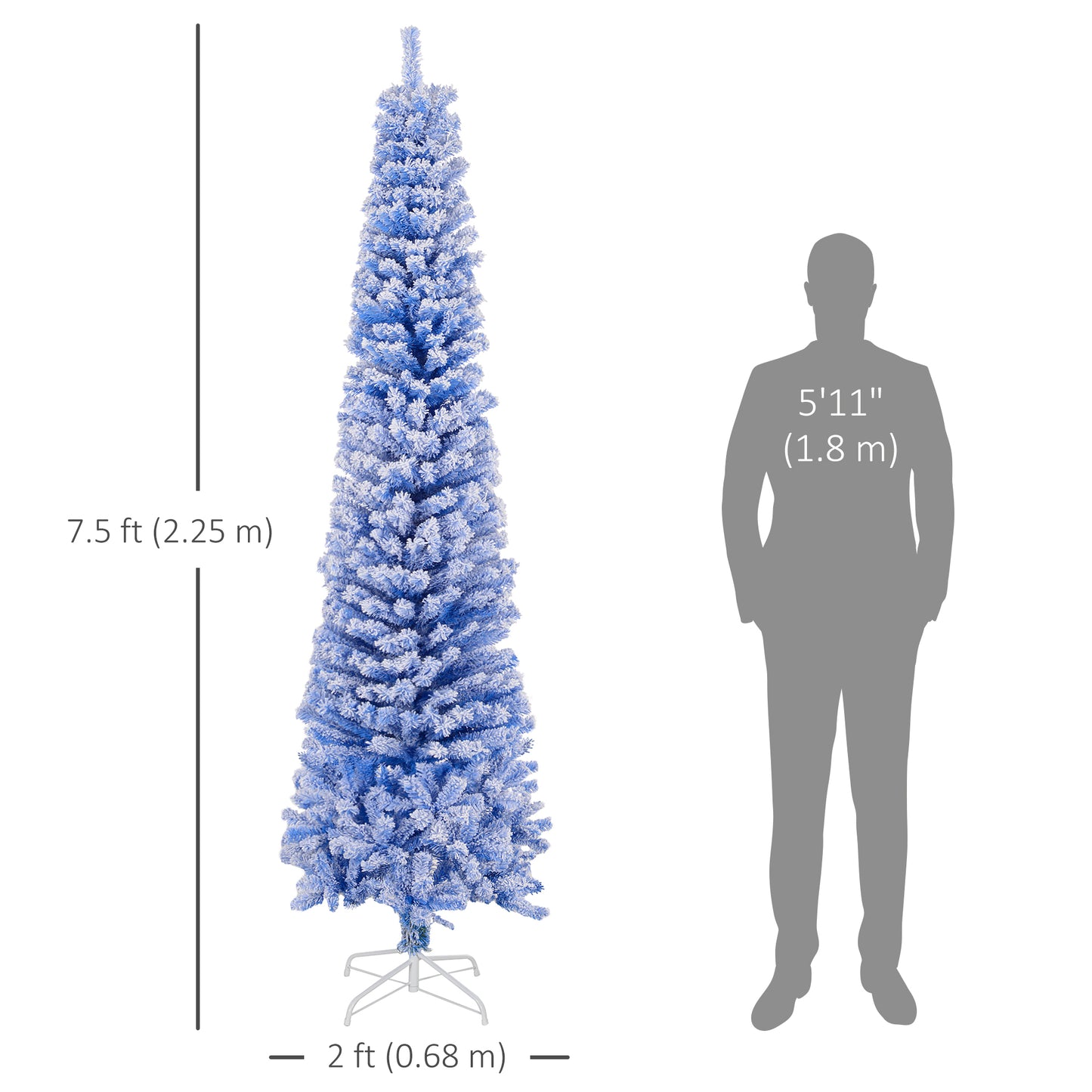 HOMCOM 7.5ft Flocked Christmas Tree, Pencil Christmas Tree with Realistic Branch Tips, Folding Metal Stand, Green