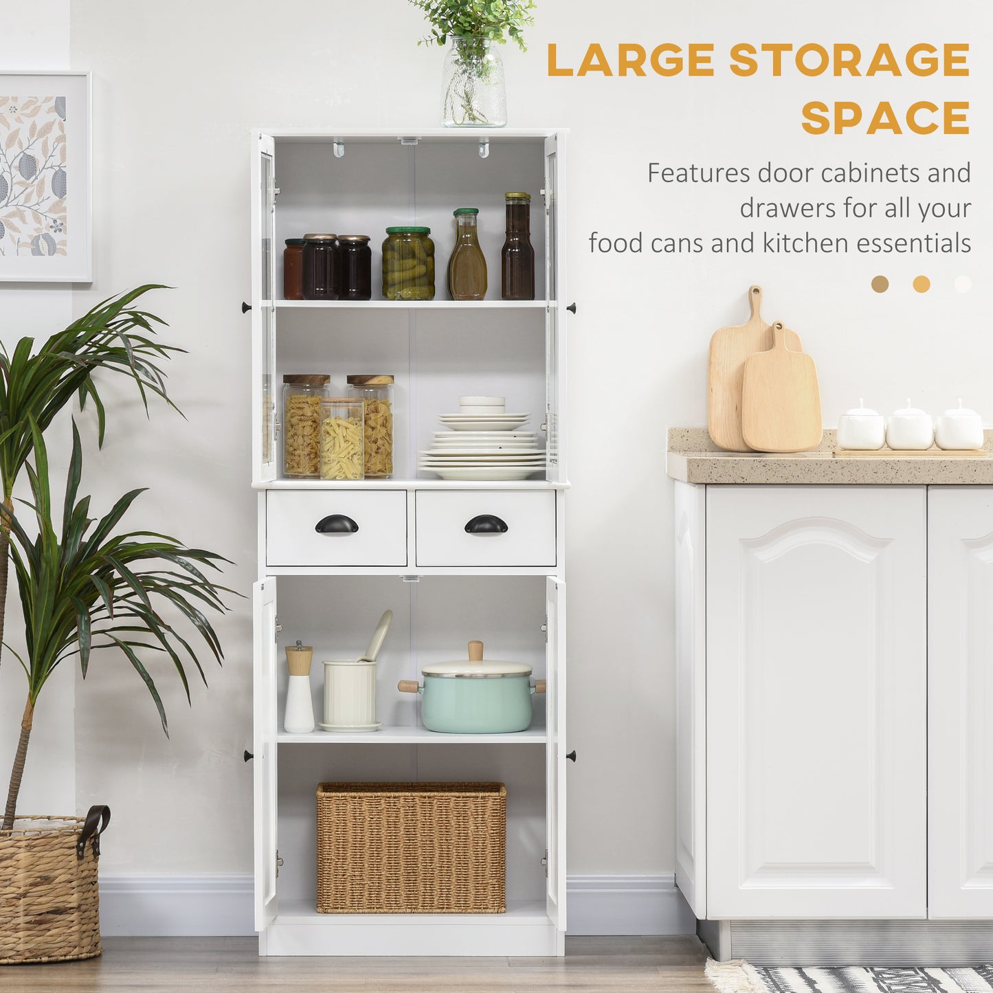 HOMCOM 61" Kitchen Pantry Cabinet, Freestanding Farmhouse Buffet Storage Cabinet with Soft Close Glass Doors and Adjustable Shelves, White