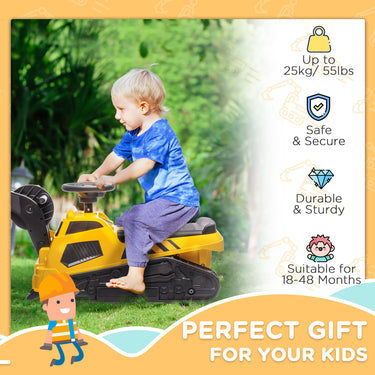Aosom 3 in 1 Ride on Excavator Bulldozer Road Roller, No Power Pretend Play Construction with Music, for 18-48 Months, Yellow
