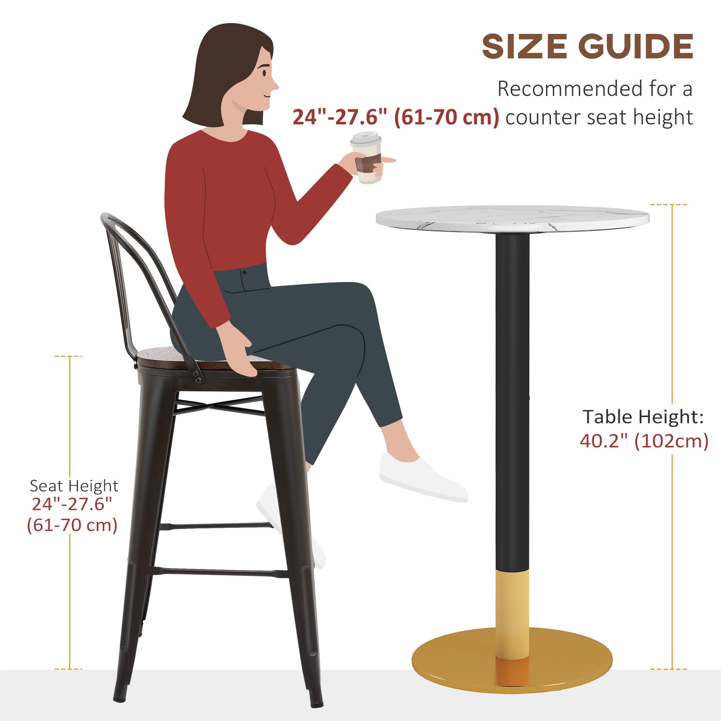 HOMCOM High Top Bar Table, Modern Round Dining Table with Faux-marbled Top and Gold Base, Bistro Table for 2 People, Black
