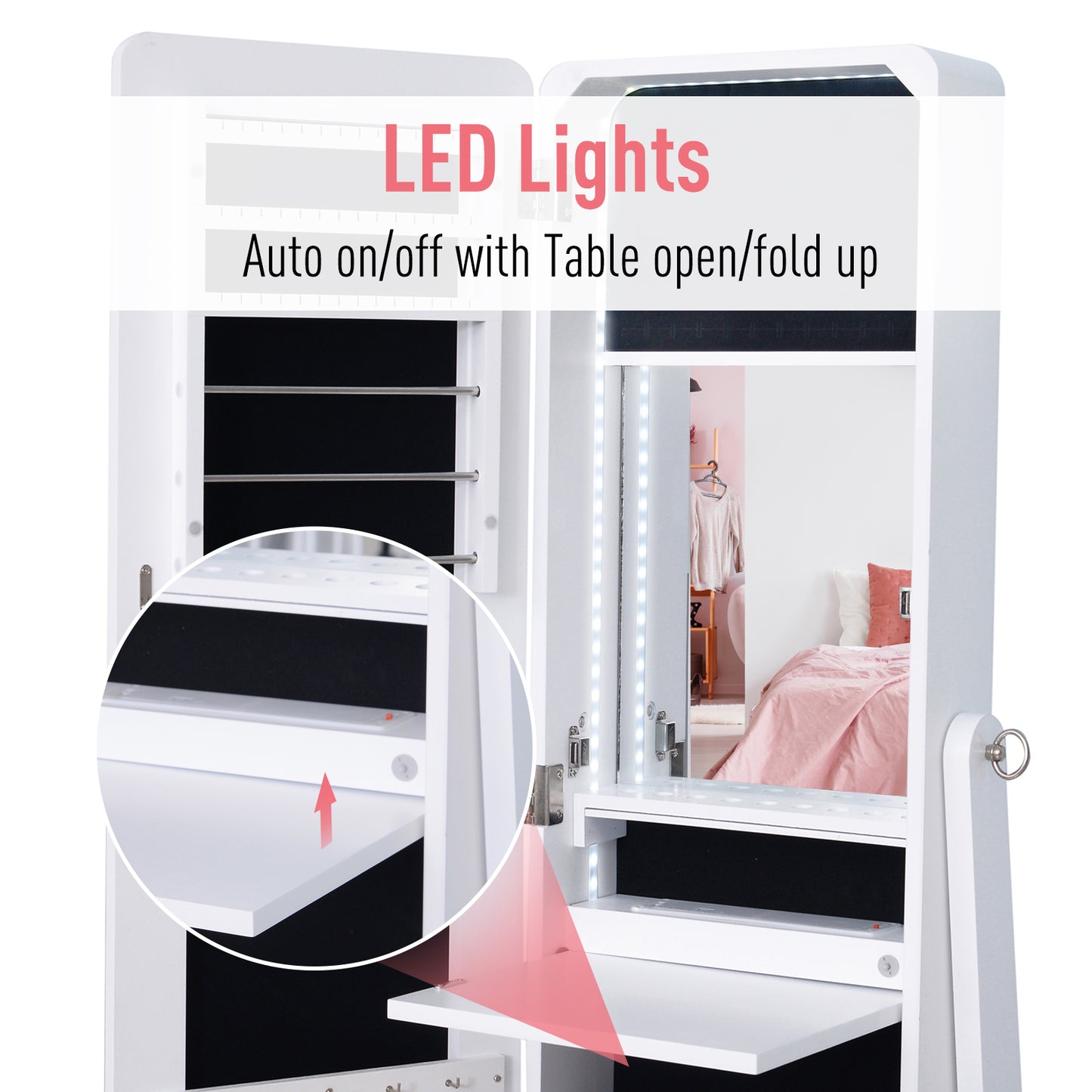 HOMCOM Freestanding Mirror Jewelry Cabinet Armoire, LED Lighted Jewelry Organizer with Stand, Angle Adjustable, White