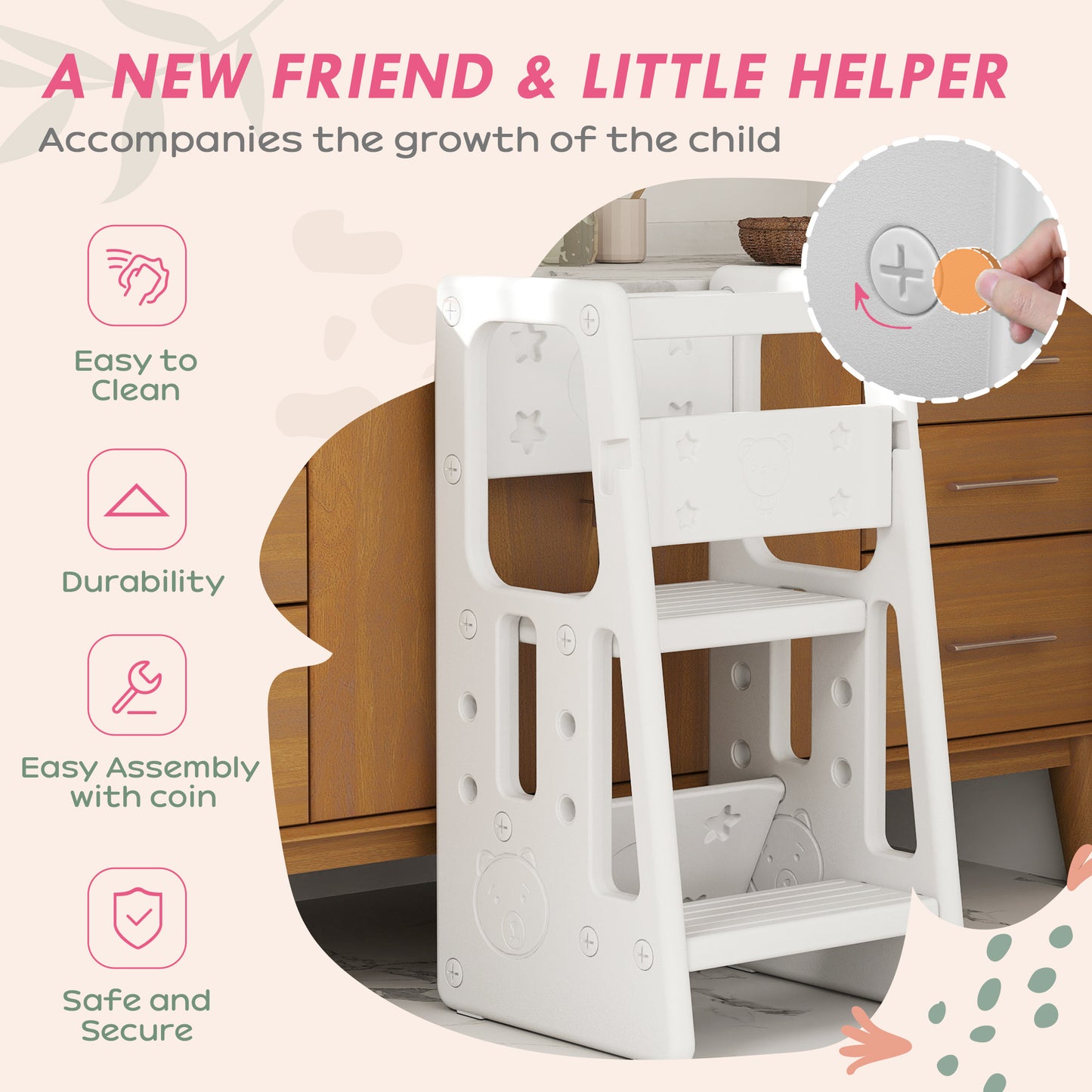 Qaba Toddler Kitchen Helper 2 Step Stool with Adjustable Height Platform and Safety Rail, White