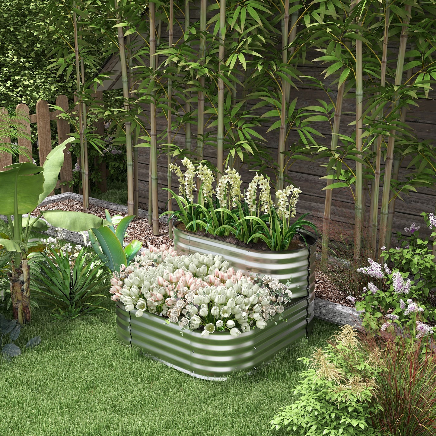 Outsunny 3.4'x3.4'x1' Outdoor Raised Garden Bed, 2-Tier Galvanized Planter Box with Safety Edging for Vegetable, Flower, Fruit