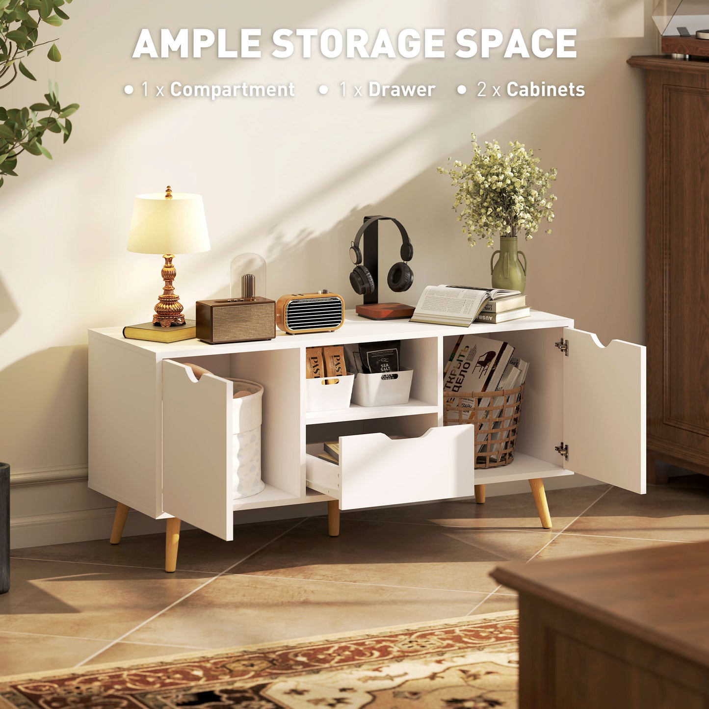 HOMCOM TV Stand with Storage for up to 50" TV, Modern TV Table with Open Shelf, Drawer and 2 Cabinets, White
