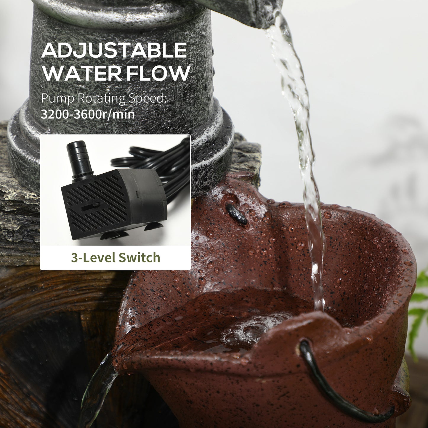 Outsunny Rustic Waterfall Fountain with Old Fashion Pump Barrel Wheel, 3-Tier Cascading Outdoor Fountain with Adjustable Flow, Decorative Water Feature for Zen Garden, Deck, Porch