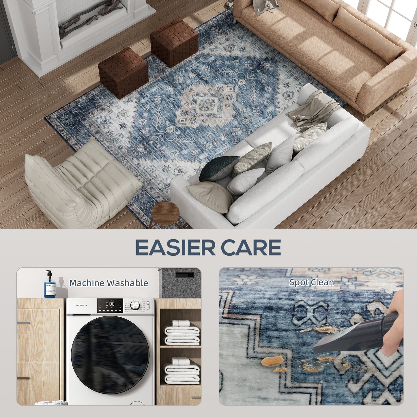 HOMCOM 6x9 Area Rug, Vintage Machine Washable Rug, Non-Slip Floor Carpet for Living Room, Bedroom, Dining Room, Blue