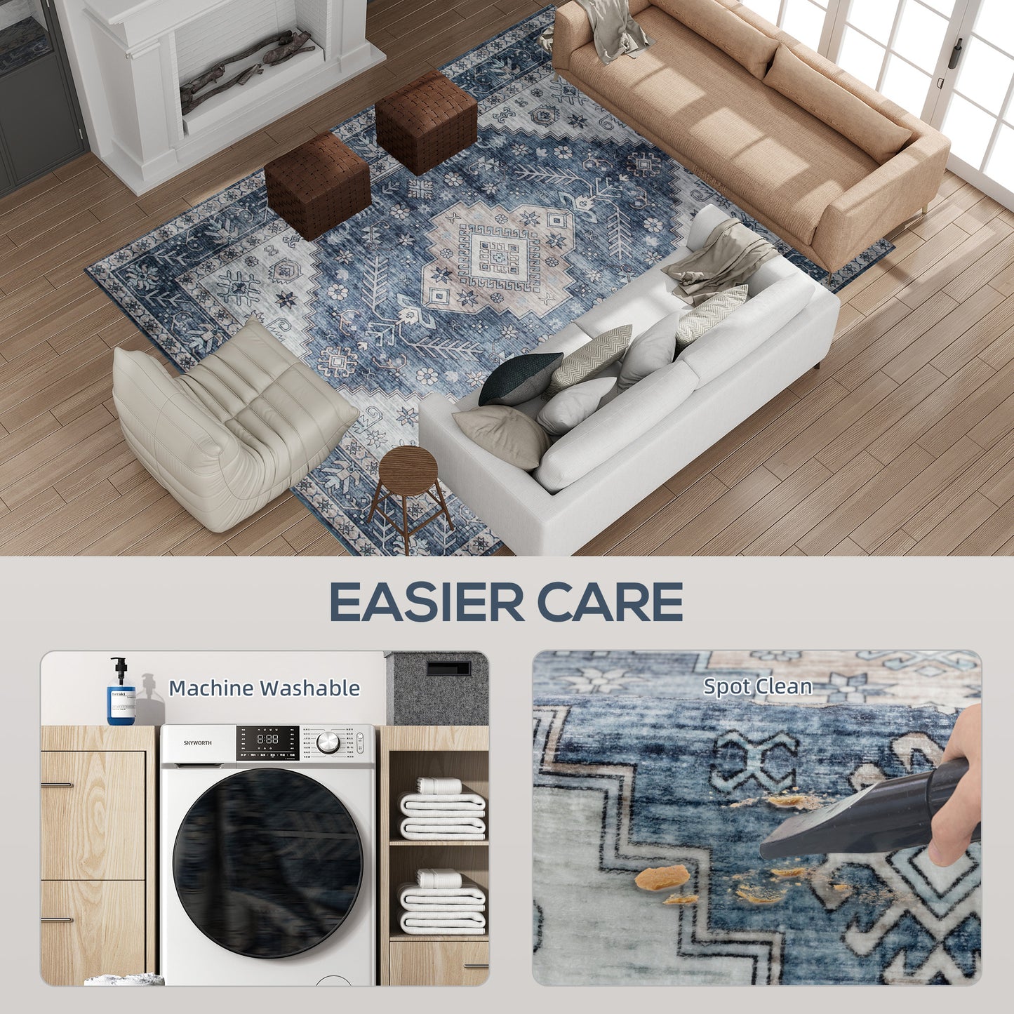 HOMCOM 6x9 Area Rug, Vintage Machine Washable Rug, Non-Slip Floor Carpet for Living Room, Bedroom, Dining Room, Blue