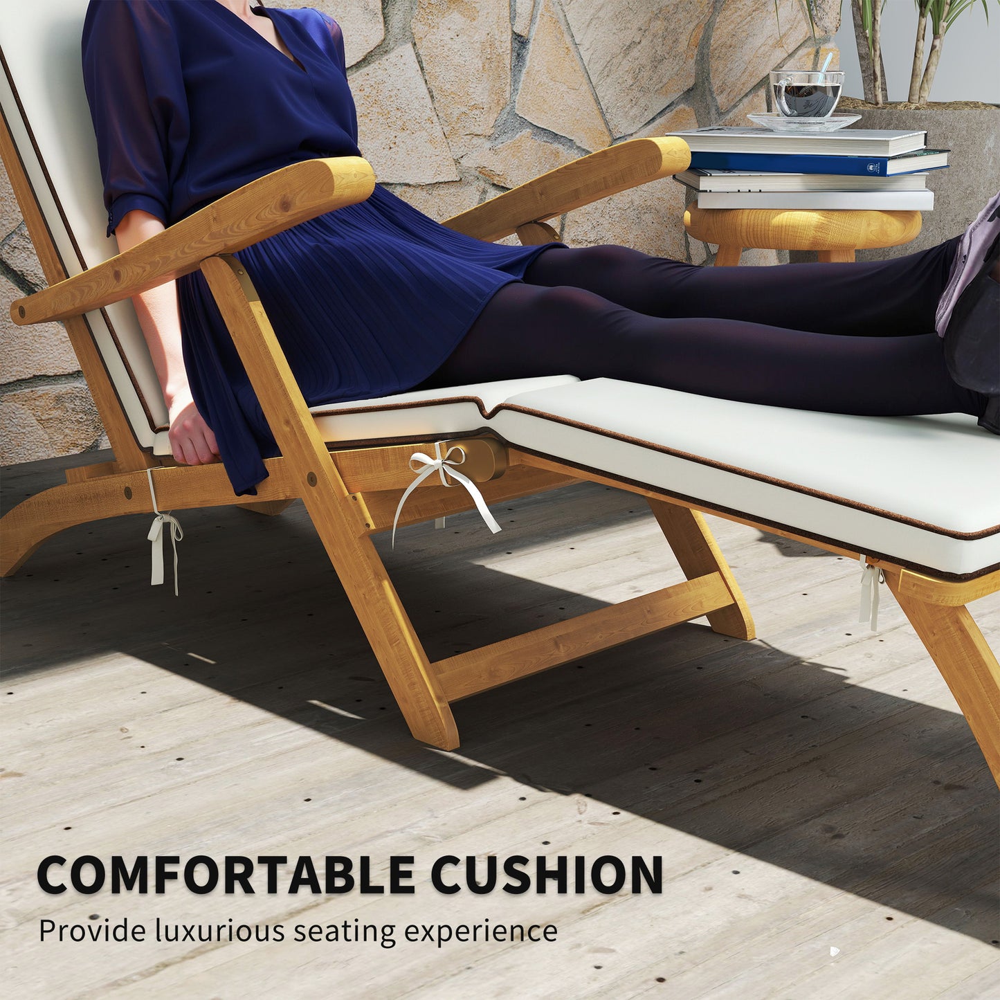 Outsunny Folding Patio Lounge Chair with Padded Cushion, Acacia Wood Patio Lounger Recliner with Footrest for Garden, White