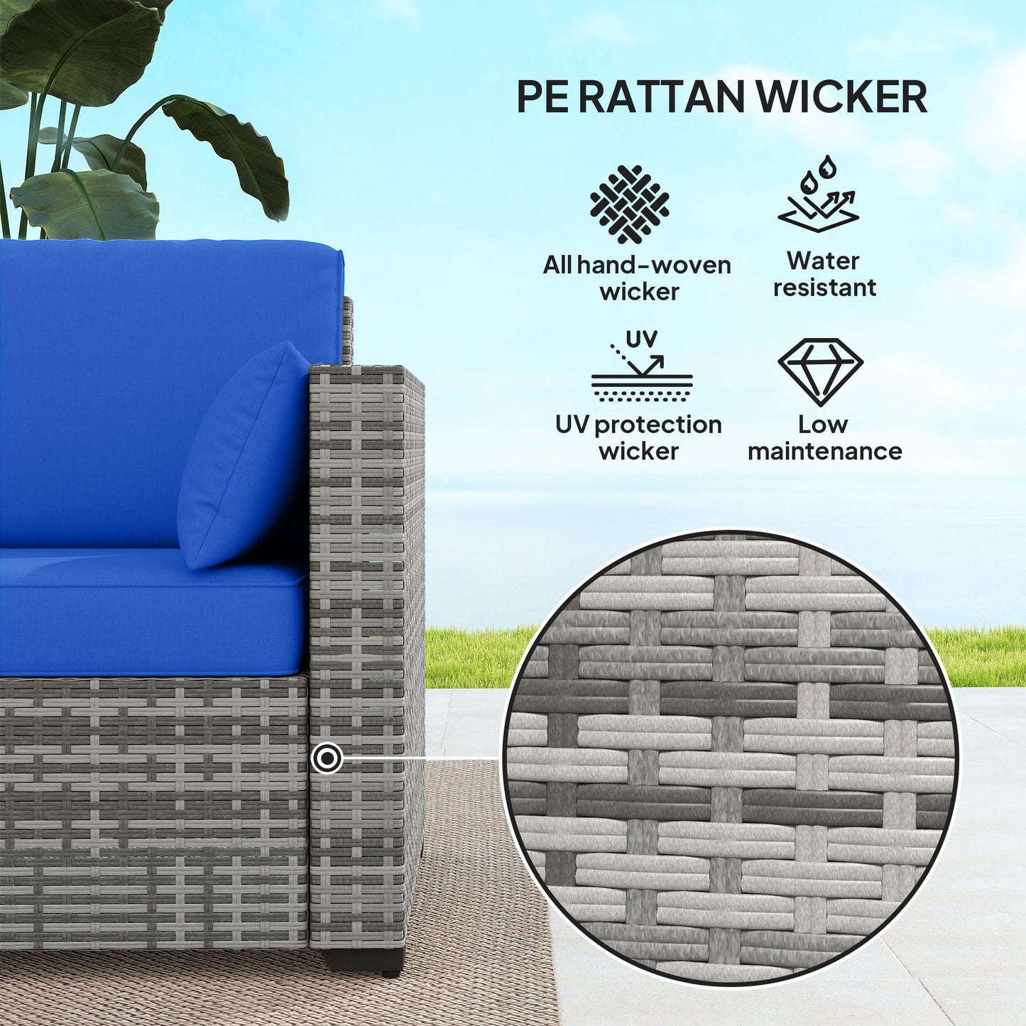 Outsunny 3-Seater Outdoor Sofa with Cushions, PE Rattan Conversation Patio Couch with Pillows for Garden, Poolside, Blue