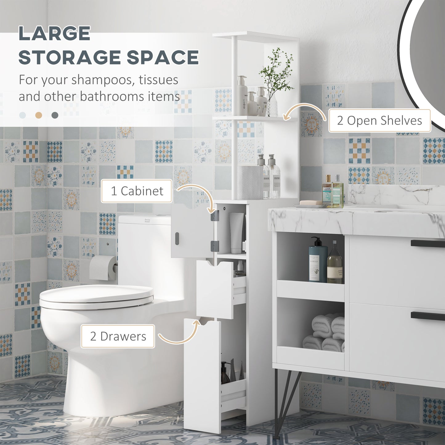 HOMCOM Tall Bathroom Storage Cabinet, Narrow Bathroom Cabinet with Drawers and Open Shelves for Small Spaces, White and Grey