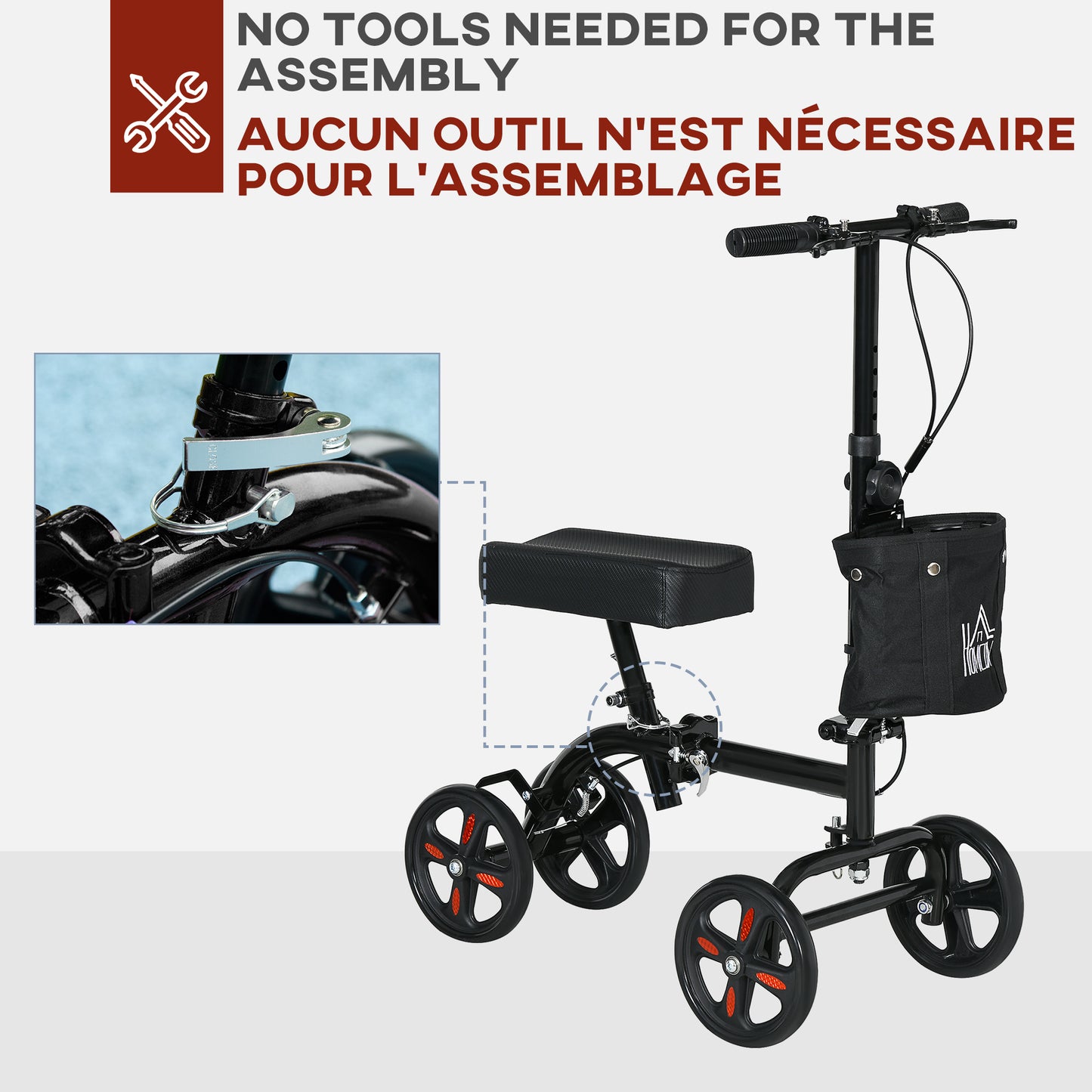HOMCOM Steerable Knee Walker, Foldable Knee Scooter with Dual Braking System, Adjustable Height, Crutch Alternative, Red