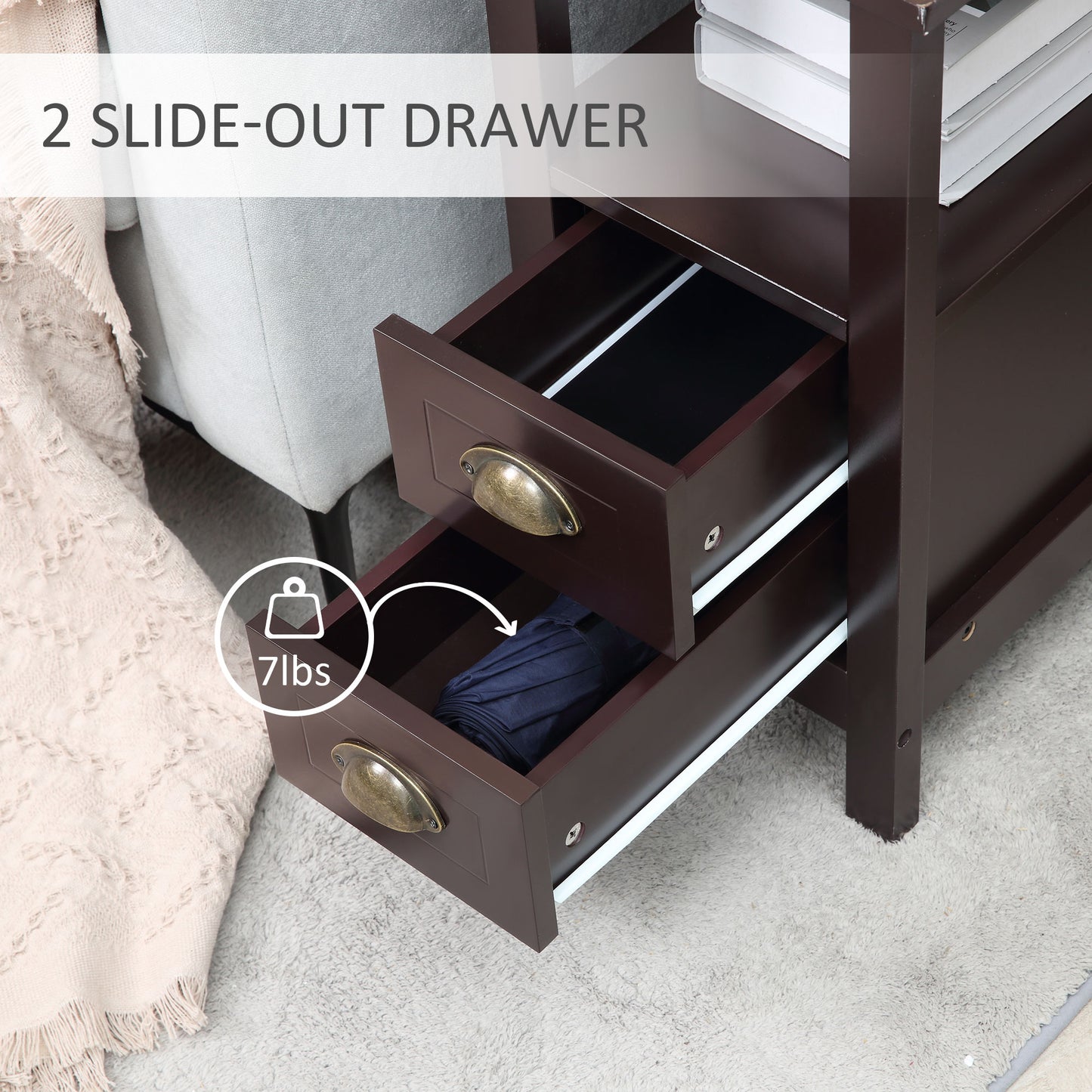 HOMCOM Slim End Table with 2 Drawers and Storage Shelf, Sofa Side Table for Living Room, Narrow Nightstand, White