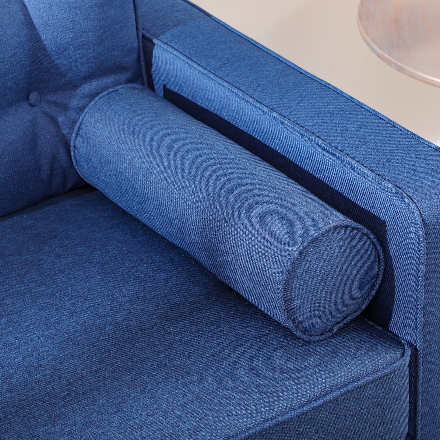 HOMCOM Mid-Century Sofa, Couch with Button-Tufted Back Cushion, Velvet Feel Fabric Upholstery, 2 Cylindrical Pillows and Rubber Wood Legs for Living Room, Dark Blue