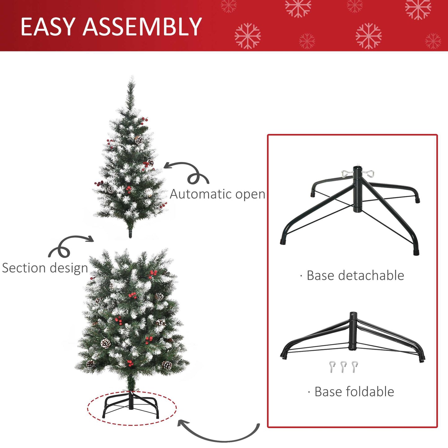 HOMCOM 5ft Decorated Christmas Tree with Red Berries and Pine Cones, Flocked Christmas Tree with Pencil Shape, Green