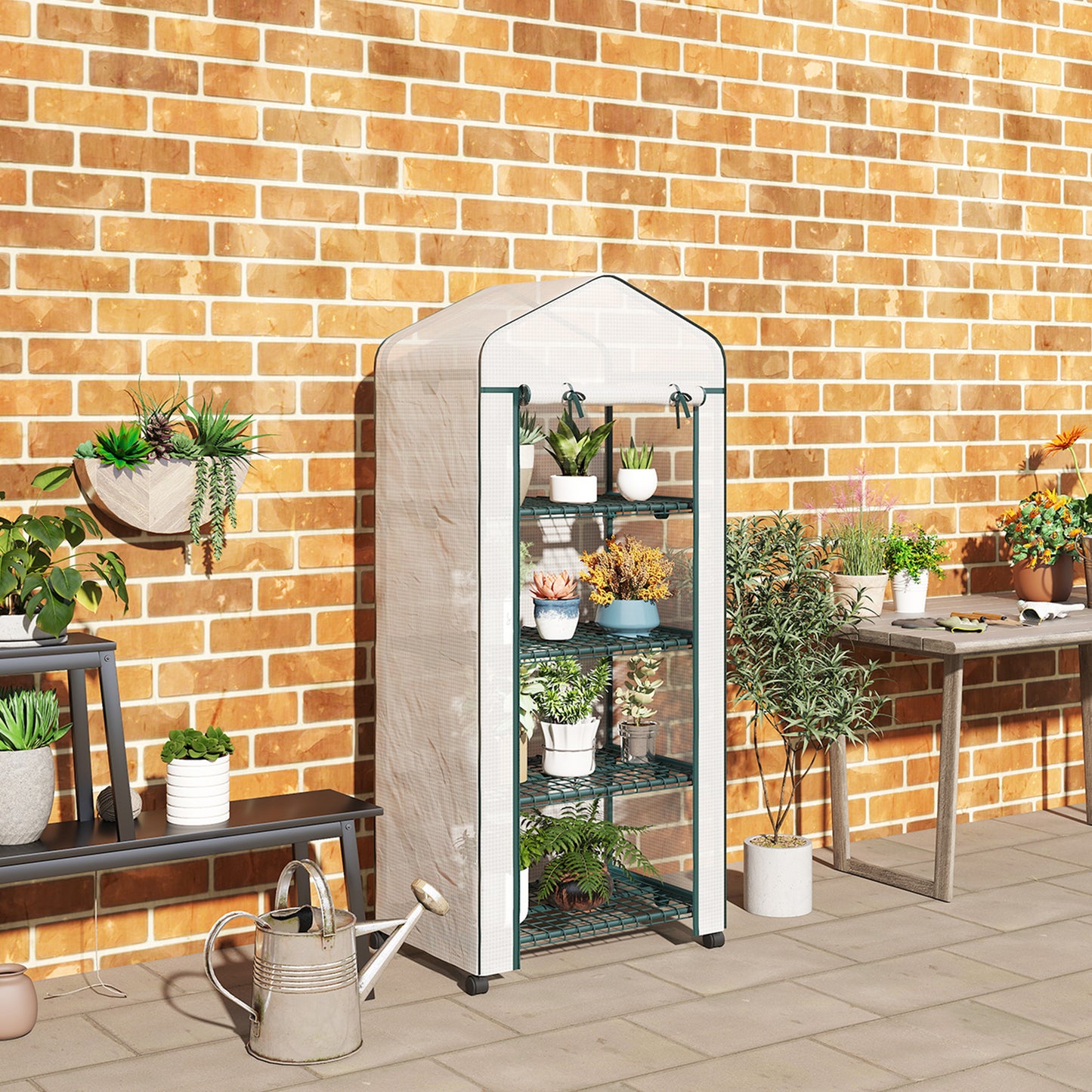 Outsunny 27" x 20" x 65" Portable Greenhouse with 4 Tier Shelves and Wheels, Outdoor Hot House Plant Flower Greenhouse, Steel Frame, Plastic Cover, Clear