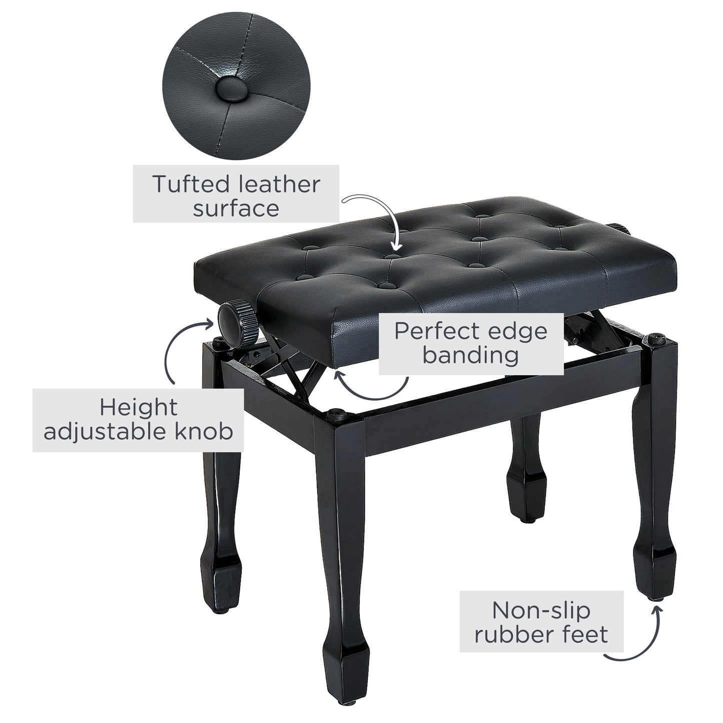 HOMCOM 25" Adjustable Height Piano Bench with Padded Cushion, Keyboard Seat with Storage and Solid Wood Legs, Black