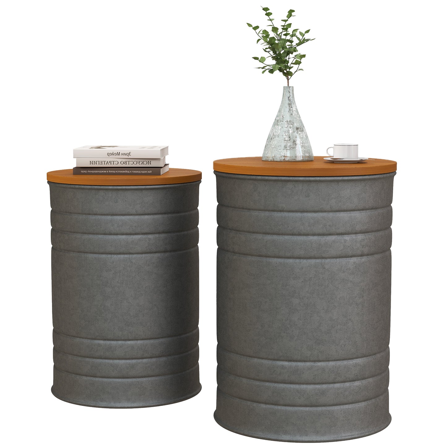 HOMCOM Round Side Table Set of 2, Nesting Coffee Tables w/ Wooden Lid, Metal Frame and Hidden Storage Space for Bedroom, Black