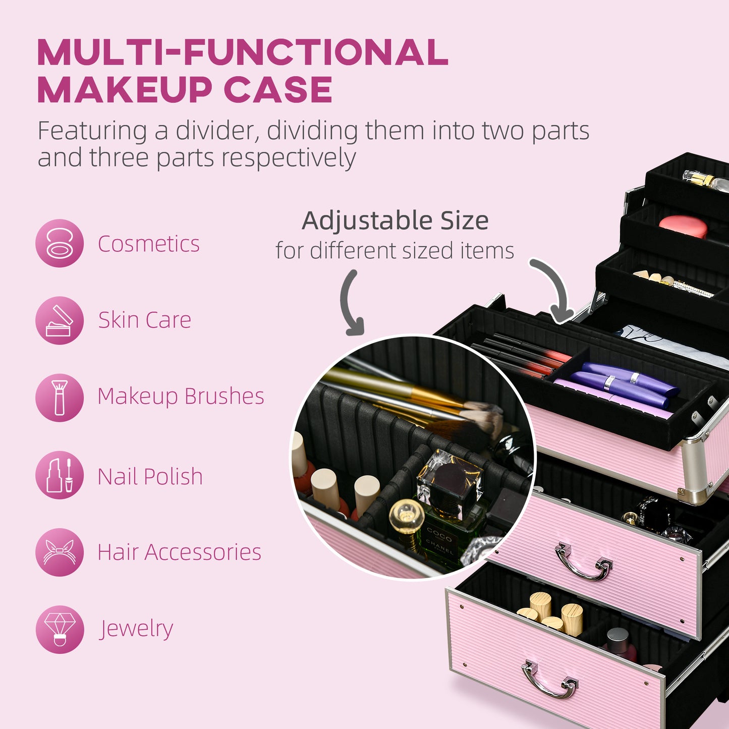 HOMCOM Rolling Makeup Train Case, Large Storage Cosmetic Trolley, Lockable Traveling Cart Trunk with Folding Trays, Swivel Wheels
