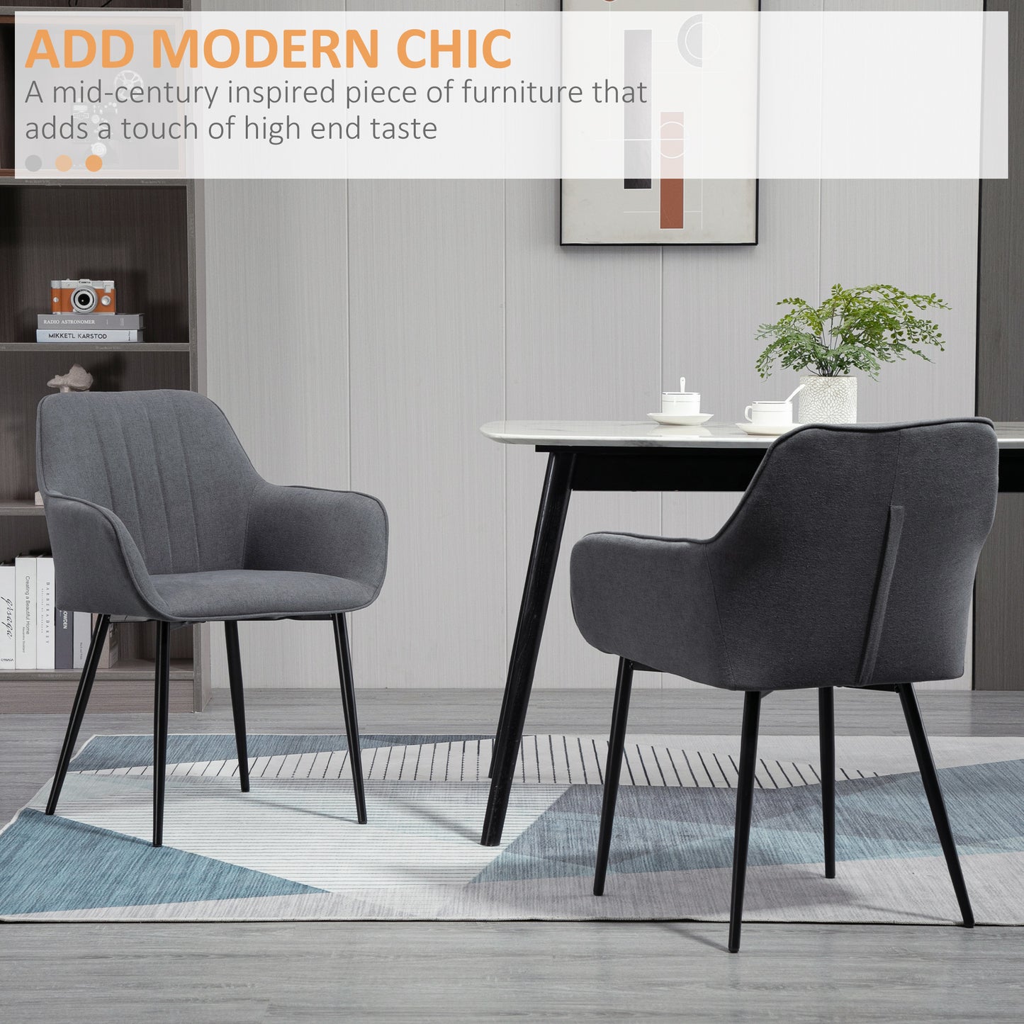HOMCOM Dining Chairs Set of 2, Linen Upholstery Accent Chair with Back, Armrest, Metal Legs, Dark Grey