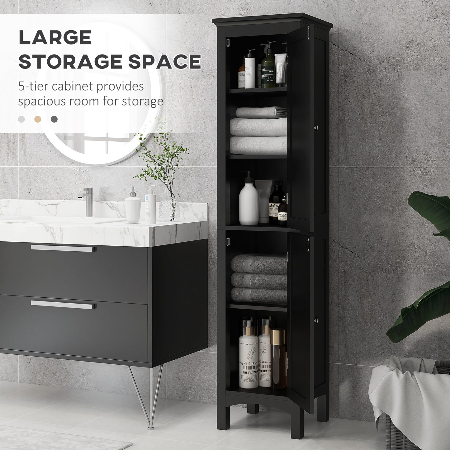 kleankin Tall Bathroom Cabinet, Freestanding Storage Organizer with Adjustable Shelves and Cupboards, 15" x 13" x 63", White
