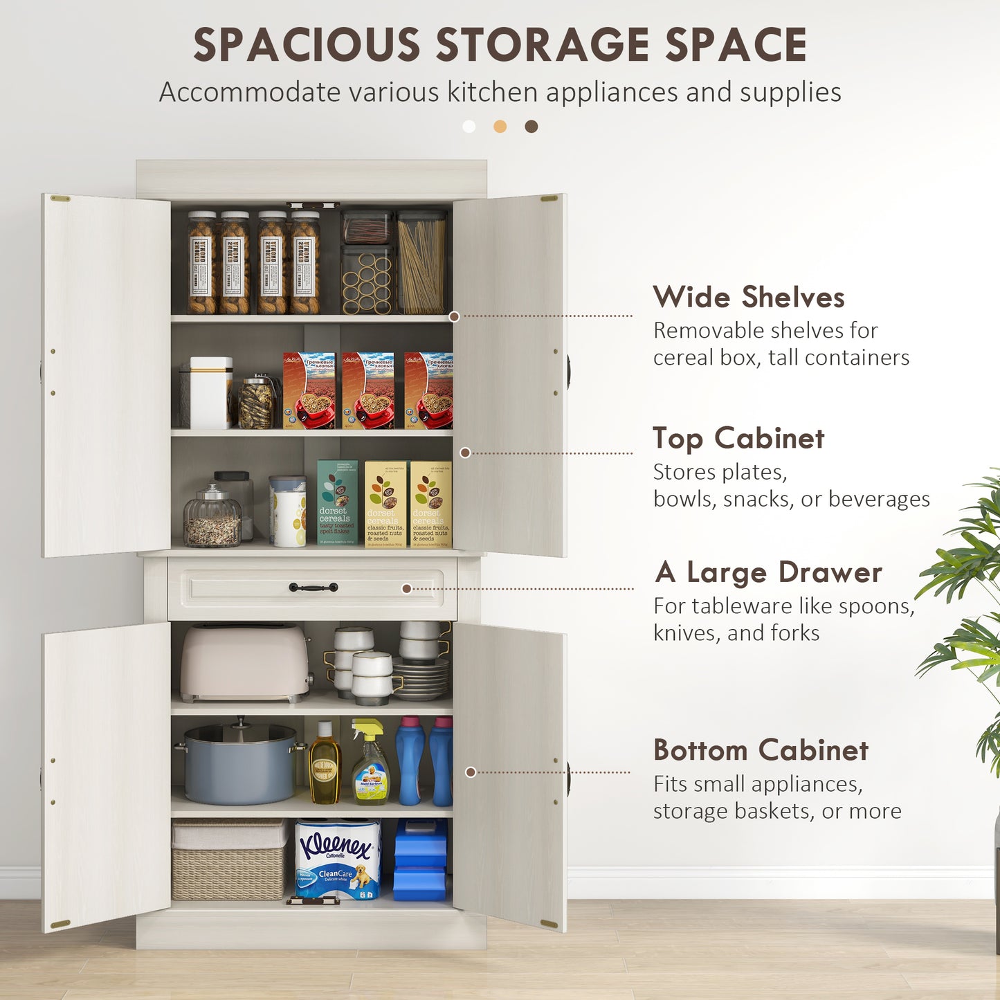 HOMCOM 71" Freestanding Kitchen Pantry with 4 Doors and 2 Cabinets, Tall Storage Cabinet for Kitchen, Distressed Coffee