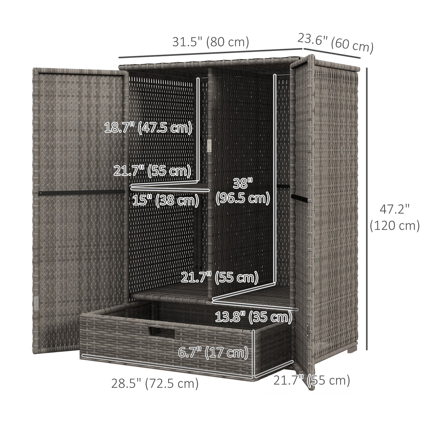 Outsunny Wicker Outdoor Storage Cabinet, 2-Door Rattan Pool Towel Storage Cabinet with Drawer & Removable Shelf, Dark Grey