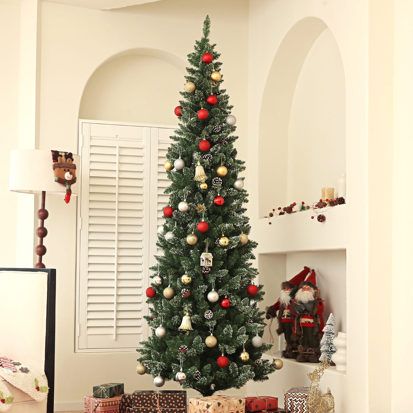 HOMCOM 6ft Artificial Pencil Christmas Tree with 618 Branches, Pinecones, Metal Stand, Realistic Xmas Tree for Home