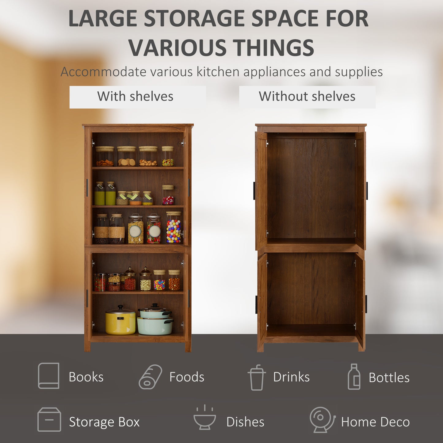 HOMCOM 64" Kitchen Pantry Cabinet, Freestanding Storage Cabinet with 4 Doors, 3 Adjustable Shelves, Oak