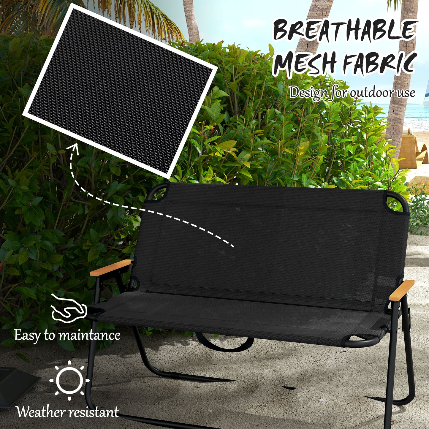 Outsunny Double Folding Chair, Loveseat Camping Chair for 2 Person, Portable Outdoor Chair with Wood Armrest for Fishing Travel, Green