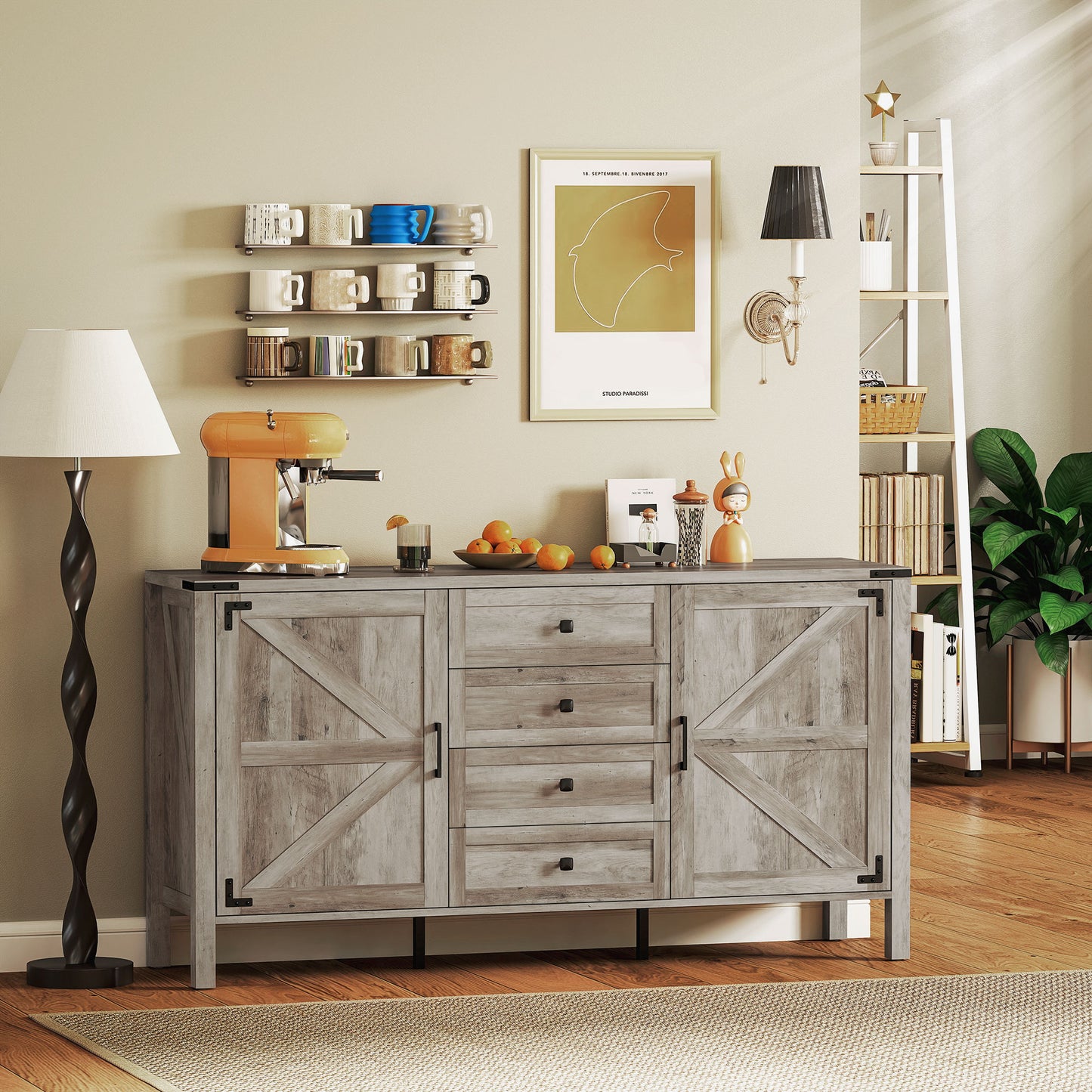 HOMCOM 59" Buffet Cabinet, Farmhouse Sideboard with Thick Top, 2 Barn Doors, 4 Drawers and 2 Adjustable Shelves, Grey