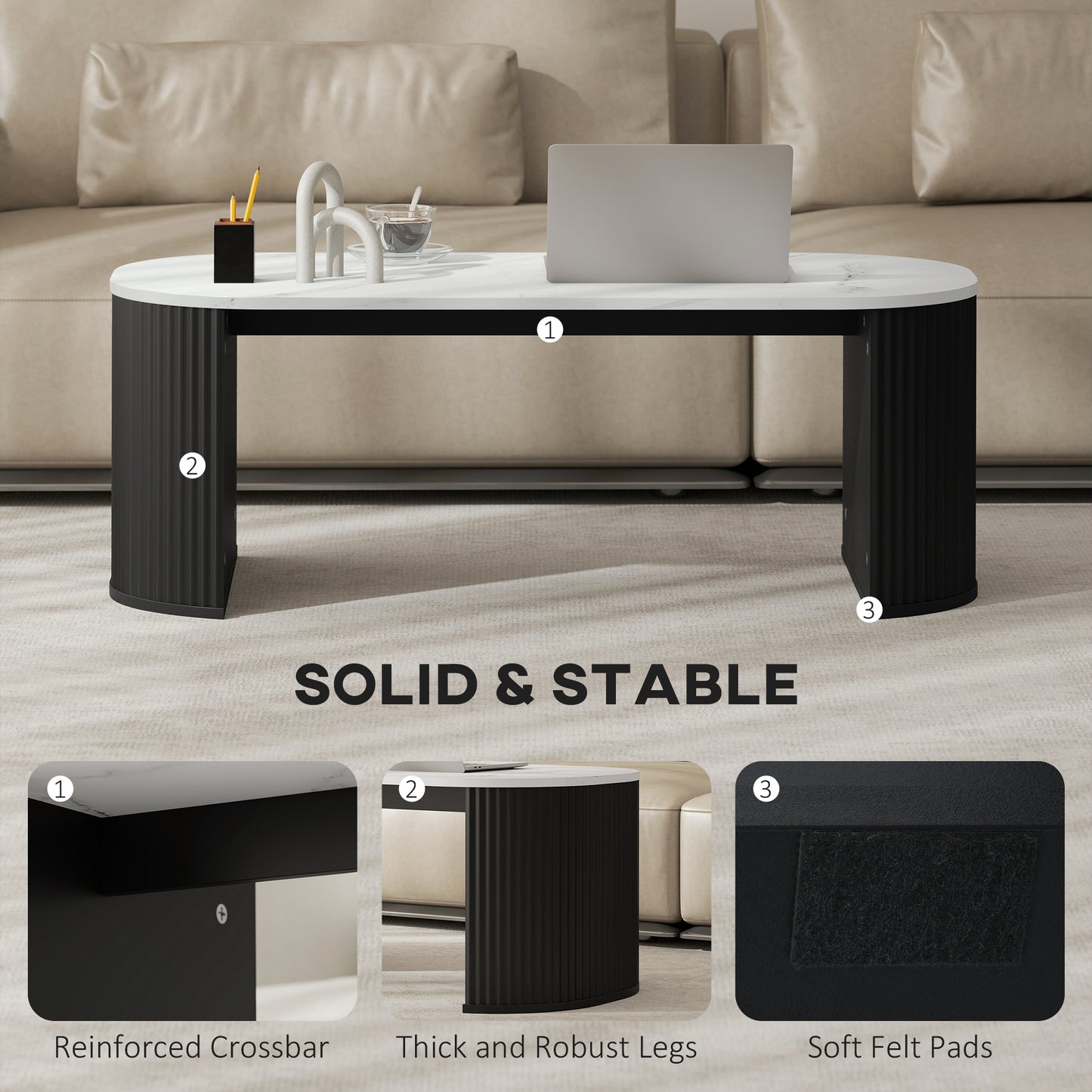 HOMCOM Coffee Table, Modern Marble-Effect Living Room Table with Round Corners and Thicken Legs, Black