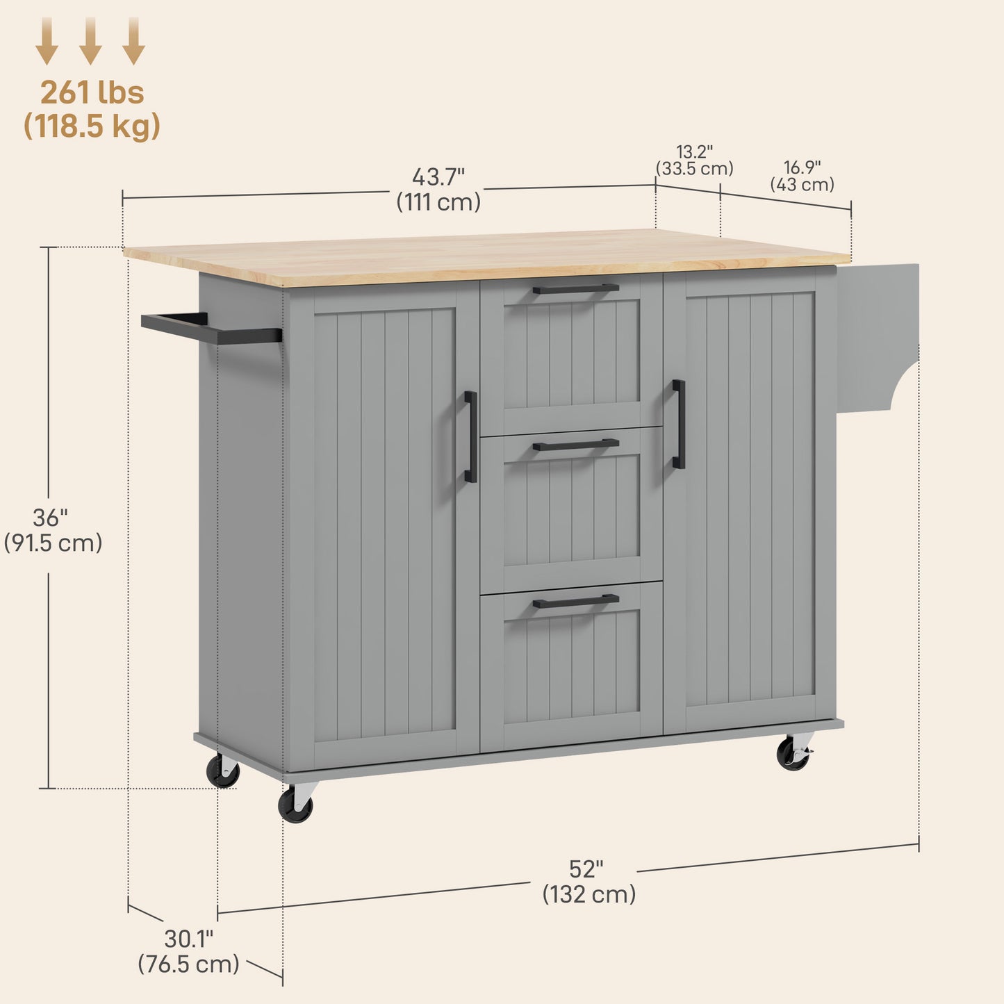 HOMCOM Rolling Kitchen Cart on Wheels with Drop Leaf, Kitchen Island with 3 Drawers, Solid Wood Top and Towel Rack, White