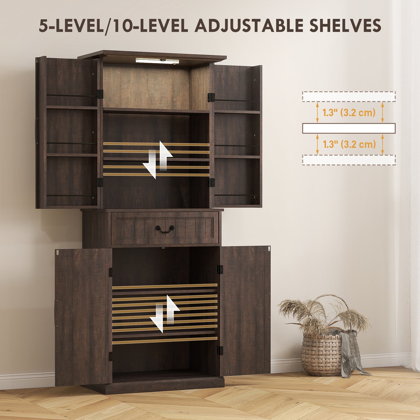HOMCOM 71" LED Kitchen Pantry Cabinet, Farmhouse Storage Cabinet with Door Shelves, Distressed Brown