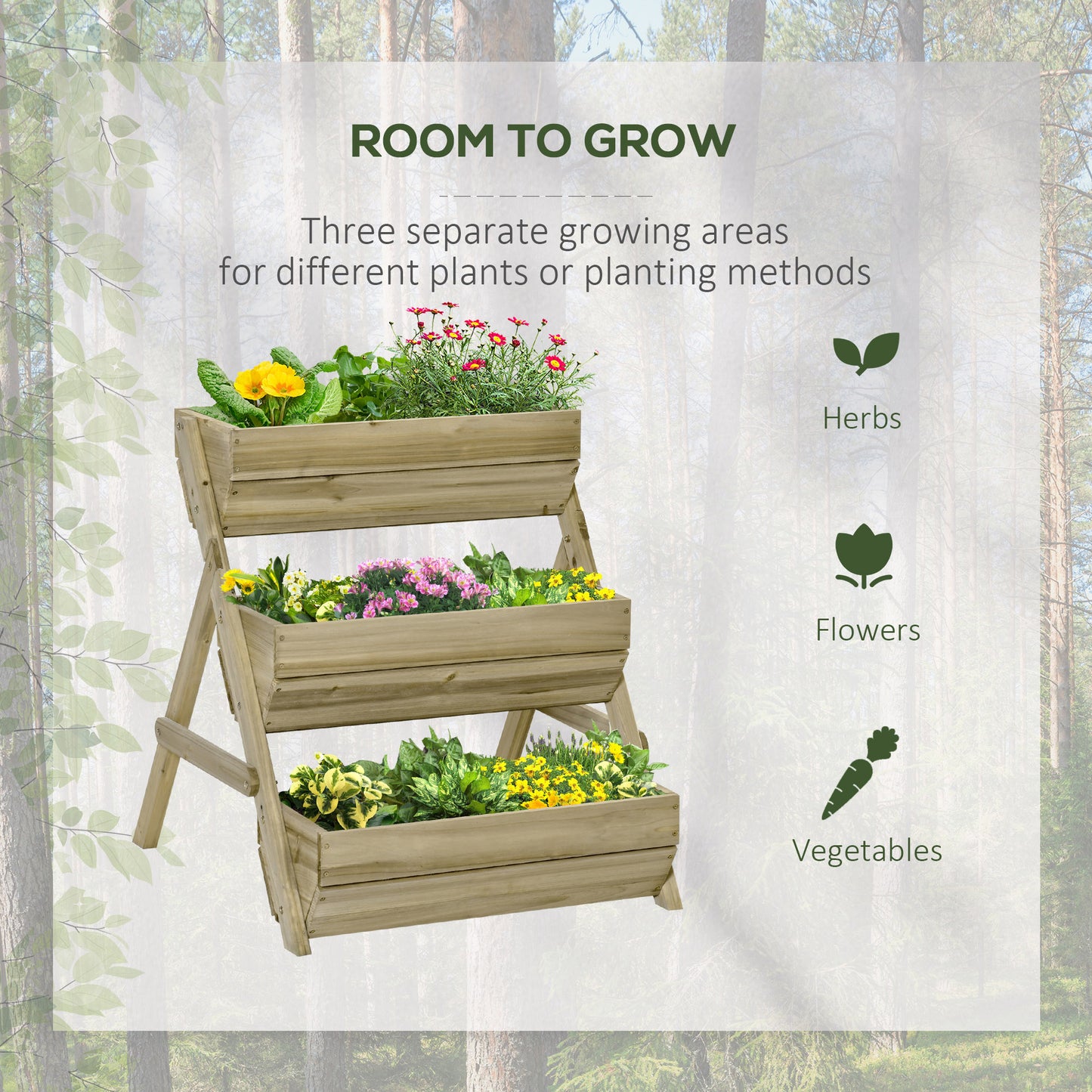 Outsunny 3 Tier Elevated Planter Box, Vertical Wooden Raised Garden Bed for Flowers, Vegetables, Herbs, 26" x 30" x 30", Green